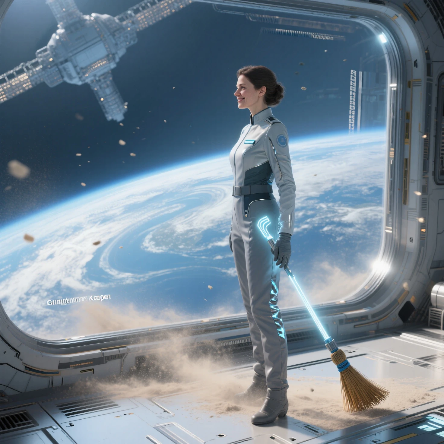 A Glimmer of Hope A 3D Hyperrealistic, artistic full-body shot of a woman in her late 30s, a "Sanitation Keeper," standing on the upper deck of a giant orbital space station, looking out through a panoramic window at the swirling blue and white Earth below. She holds a sophisticated, glowing energy broom loosely in one hand. A small, hopeful smile plays on her lips, a rare moment of peace and pride in her vital, unseen work, knowing she contributes to the survival of humanity. Her uniform is functional and elegant, with subtle reflective elements. The natural, ethereal light from Earth casts beautiful, soft shadows on her face and uniform. Dust motes float in the air, catching the light, adding a touch of serene realism. Emotion: Hope, pride, serenity, and a quiet understanding of her purpose. Artistic details: Dreamlike atmosphere, soft global illumination, intricate details of space station interior, realistic Earth rendering, volumetric dust, delicate facial expression, museum-quality render.
