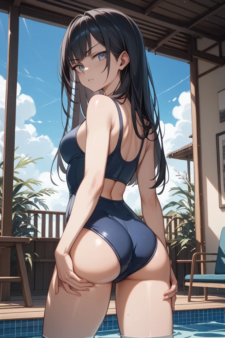 master-piece,hyper quality,hyper detailed,perfect drawing,solo, brilliant, beautiful, majestic, elegant, glittering, flower and bird wind moon, fantastic, quaint, beautiful girl in one swimsuit, back figure, round and cute ass, punipuni, meaty ass, buttocks sticking out pose, B99W66H110, chubby, plump, blush, sweat, Tanned skin, cheeky smile, swimming club, competitive swimsuit, one-piece type swimsuit, sober swimsuit, 15 years old, blue sky, cumulonimbus clouds, brilliant sun, sparkling water, school swimsuit, competitive swimming pool, shot from diagonally below behind, bust up, see-through, thin fabric swimsuit, clearface, master-piece, hyper quality, hyper detailed, perfect drawing,CG,3D,8k,illustration,beautiful face girl,hiten_1,