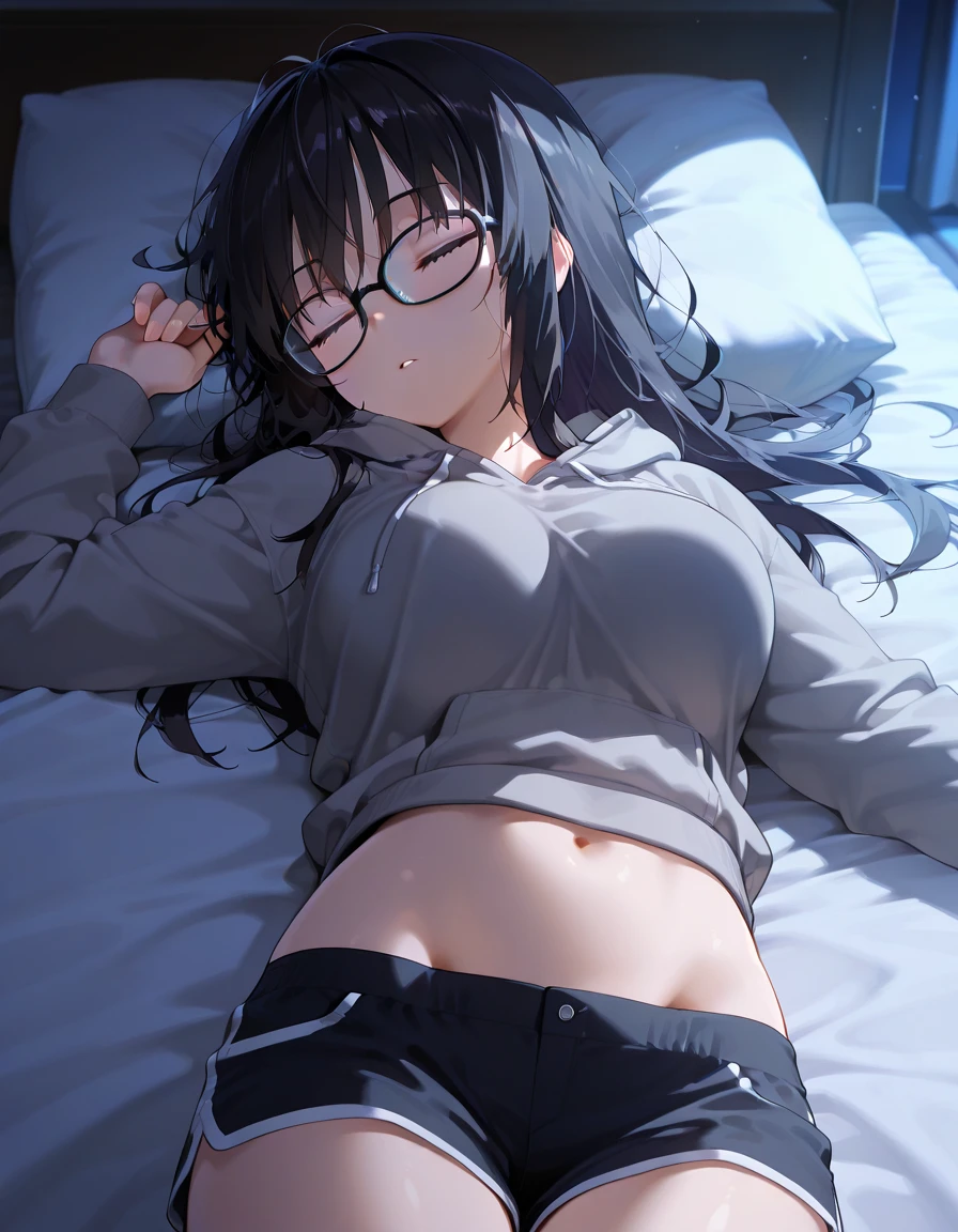 【Highest Quality, masutepiece】 [1 girl in, expressioness, black eyes,glasses,breast,]masturbation,wet,