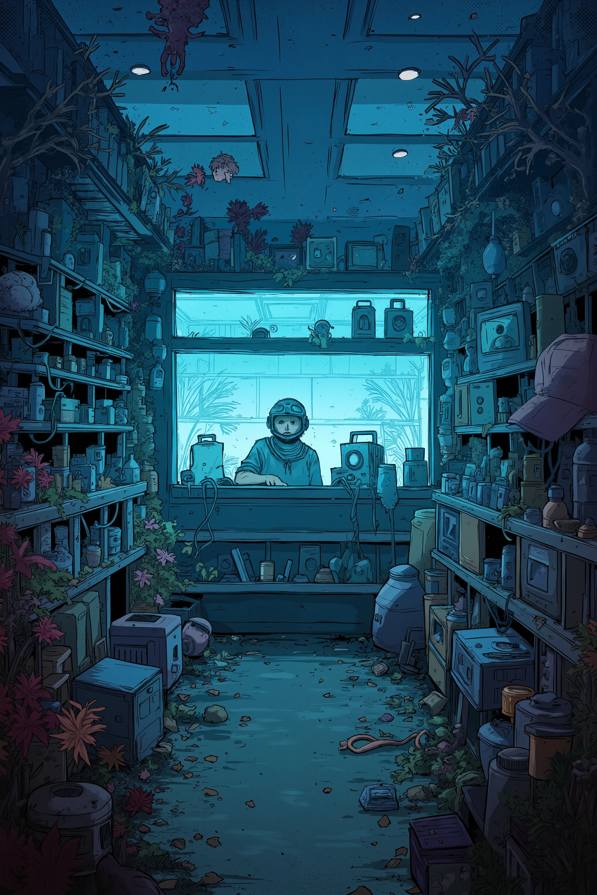  Tom from Everything Shop  , His store is full of 々 stuff  ,  discarded electronics  ,junk, Daily necessities ,  Strange Plants  ,  Tom is wearing a helmet and goggles Stand on the other side of the counter,  ultra realistic composition   ,     surreal style in Las Vegas   ,   neo-surrealism in shades of blue and purple      .       Digital Art    , surrealistic       Digital Art    work,     Surreal Scene    ,    Surreal Photography   , surreal 3 d render,    surrealist conceptual art     ,    Dreamy Art   ,    Surreal Photography   graphy,     surrealist photography    , lots of items , ultra high resolution ,    highly detailed ,     Big Shop with No Windows   ,Steam,junk,  wide angle shot  ,  proximity method  ,    Strange 80s Style Synthwave    , Synthwave City,  Synth Wave Style  ,   Miami Synthwave   ,   Synthwave Art Style from 2009 SF8K Movies ,  cyberpunk vibe  ,    Spectacular Retrowave Art  ,Mouse