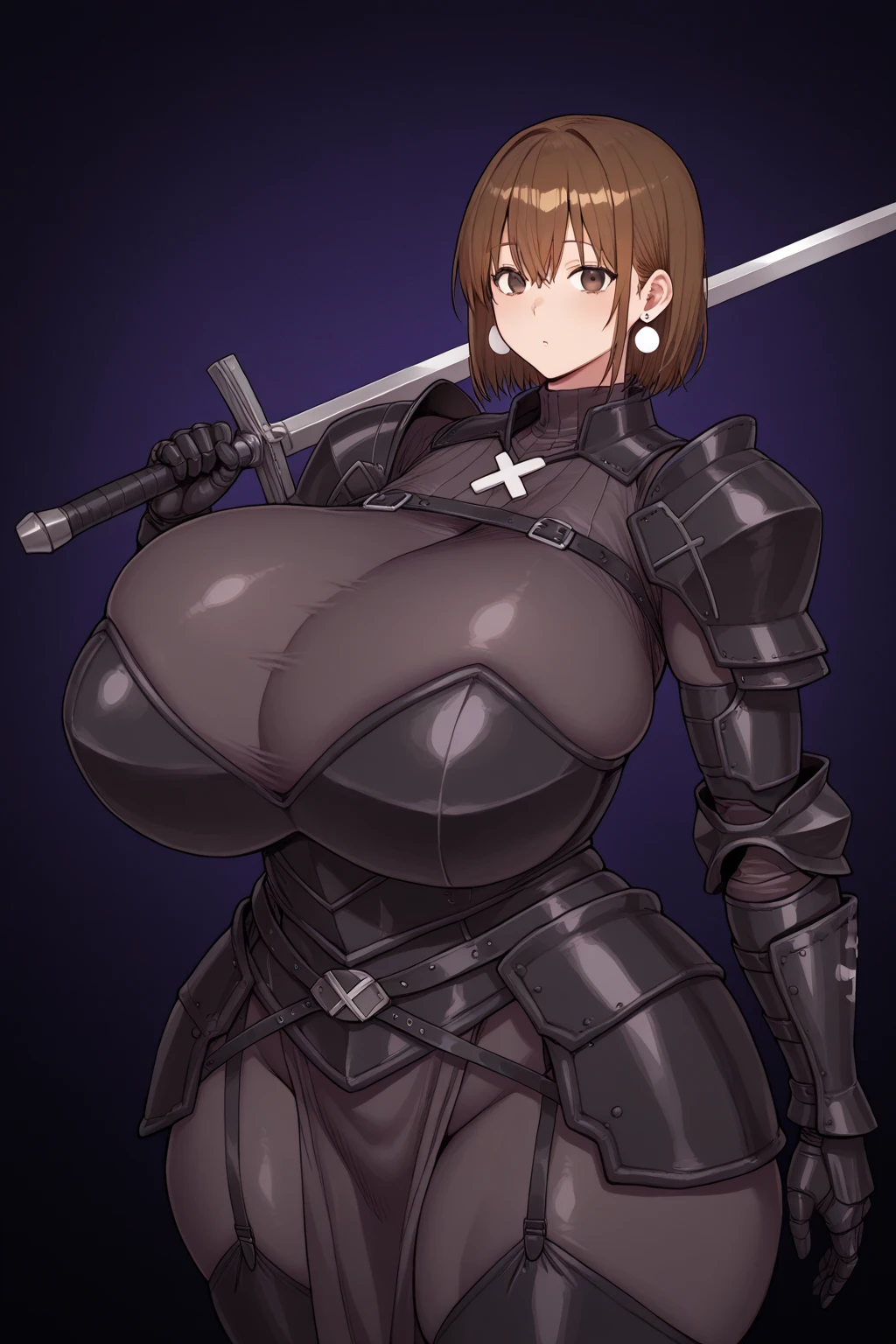 (top-quality, in 8K, 32K, masterpiece, A high resolution, Impressionism, Photorealsitic:1.2, anime style), ((detailed faces and eyes, red eyes, beautiful face, red short hair)), ((knight, black armoured , black armoured hips, black armoured thighs)) Cinematic, 4k,, ((big belly, massive breast,)), fantasy world