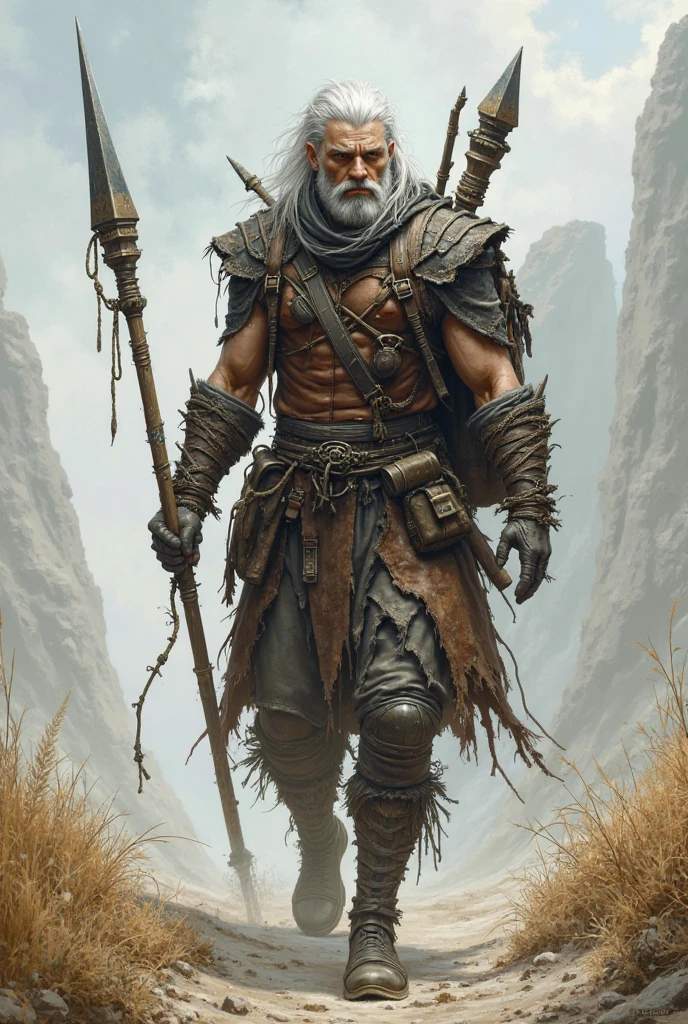 full body low angle shot of a intimidating male firbolg barbarian who uses a huge tribal totem for weapon, firbolg with bluish gray skin, D&D style, half giant, long green cape, clothes in shades of green, long clothes with sleeves, grey eyes, clothes covering the abdomen, druid clothes