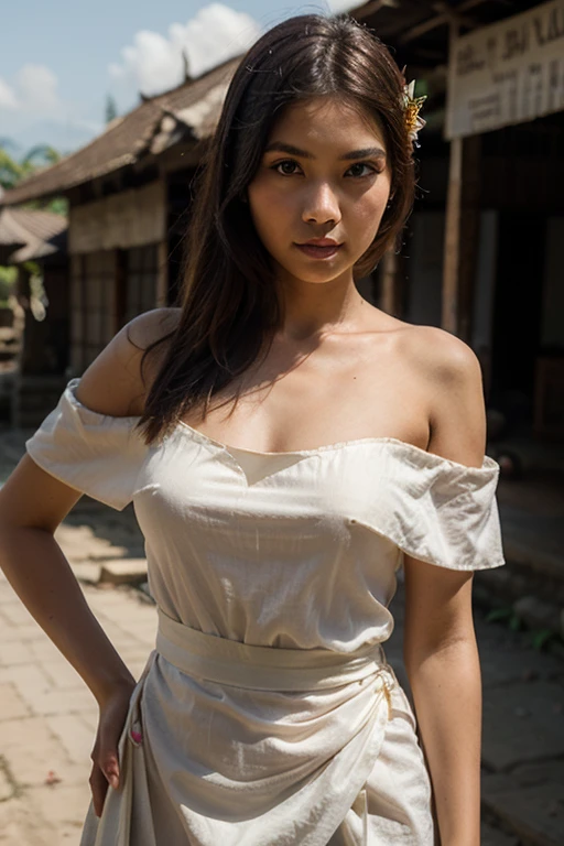 （hyperrealistic photo）， （A high resolution）， （8k），（beautiful eye quality）， （ultra - detailed），curvacious beautiful indonesian girl, sensual pose，a jasmine flower om her ear, full-body portraits（1：1），tied bun hair，sensual expression，Straight and plump ，big natural breasts，a plump buttocks, white balinese batik and brown batik sarong， looking at the camera, beautiful attractive woman， 1 girl， the perfect beauty： 1,4 ： 1.1，， Super slim face, big cute eyes， double eyelid，balinese temple at the background,  facing at the camera, wide angle shot,