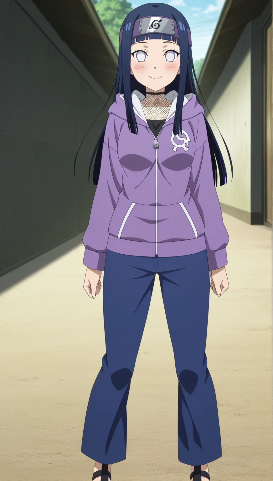 A woman wearing navy blue sweatshirt, long navy blue hair, blue eyes, smiling, wearing white pants, sports sneakers, walking on a futuristic white platform, with a background with white pillars,full body. shadow, flower, UHD, masterpiece, accurate, anatomically correct, textured skin, super detail, high quality, best quality, 8k, high resolution, bokeh effect. (woman solo)
