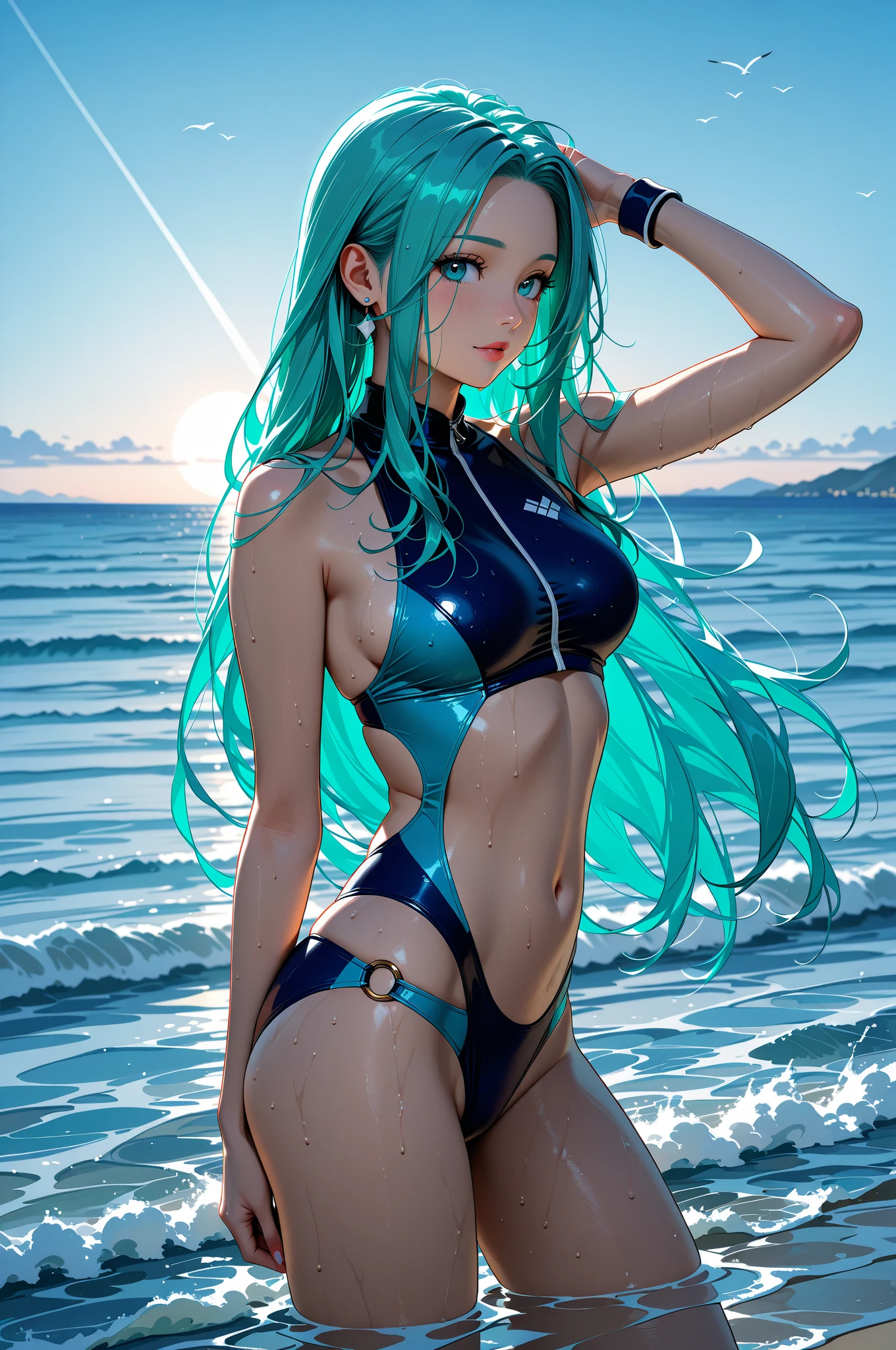 (masterpiece, best quality), photorealistic, cinematic, anime girl, vibrant, futuristic metallic two-piece swimsuit with matching visor, seaside background, 1 girl, blue hair, beachy waves hair cut, full-body shot, head to toe visibility, perfect anatomy, curvaceous body, alluring, long round legs, large breast, perfect eyes, perfect hands, standing at the water's edge with one foot slightly in front of the other, creating a confident and poised stance, the model's body language should highlight the futuristic and vibrant nature of the outfit, a bold and confident expression, with a fierce or intense gaze that complements the metallic and futuristic theme, the model's expression can reflect a sense of empowerment and self-assuredness, extremely detailed Artgem, ig model, artgem, alena aenami and artgem, krenz cushart and artgem, artgem and atey ghailan