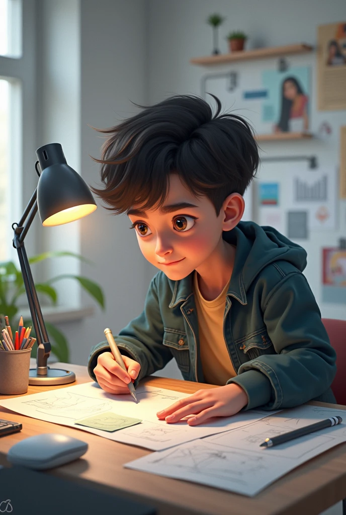 A boy sitting on a chair. Many mathematical drawing
instruments are on the table.