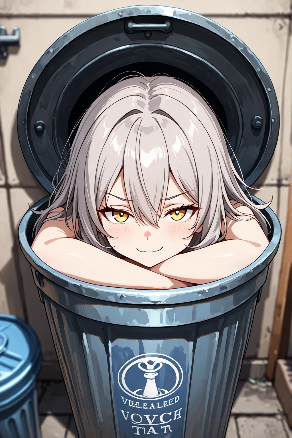 artwork, Attention to details, beautiful girl , big breasts, long white hair and red eyes, with uniform, blue skirt, serious face, bare legs, white panties, whole body, barefoot, trapped inside a transparent glass jar, waxed inside, inside the jar, whole body en el frasco, sentada inside the jar, barefoot, trapped in the jar. In the background more girls trapped in glass jars