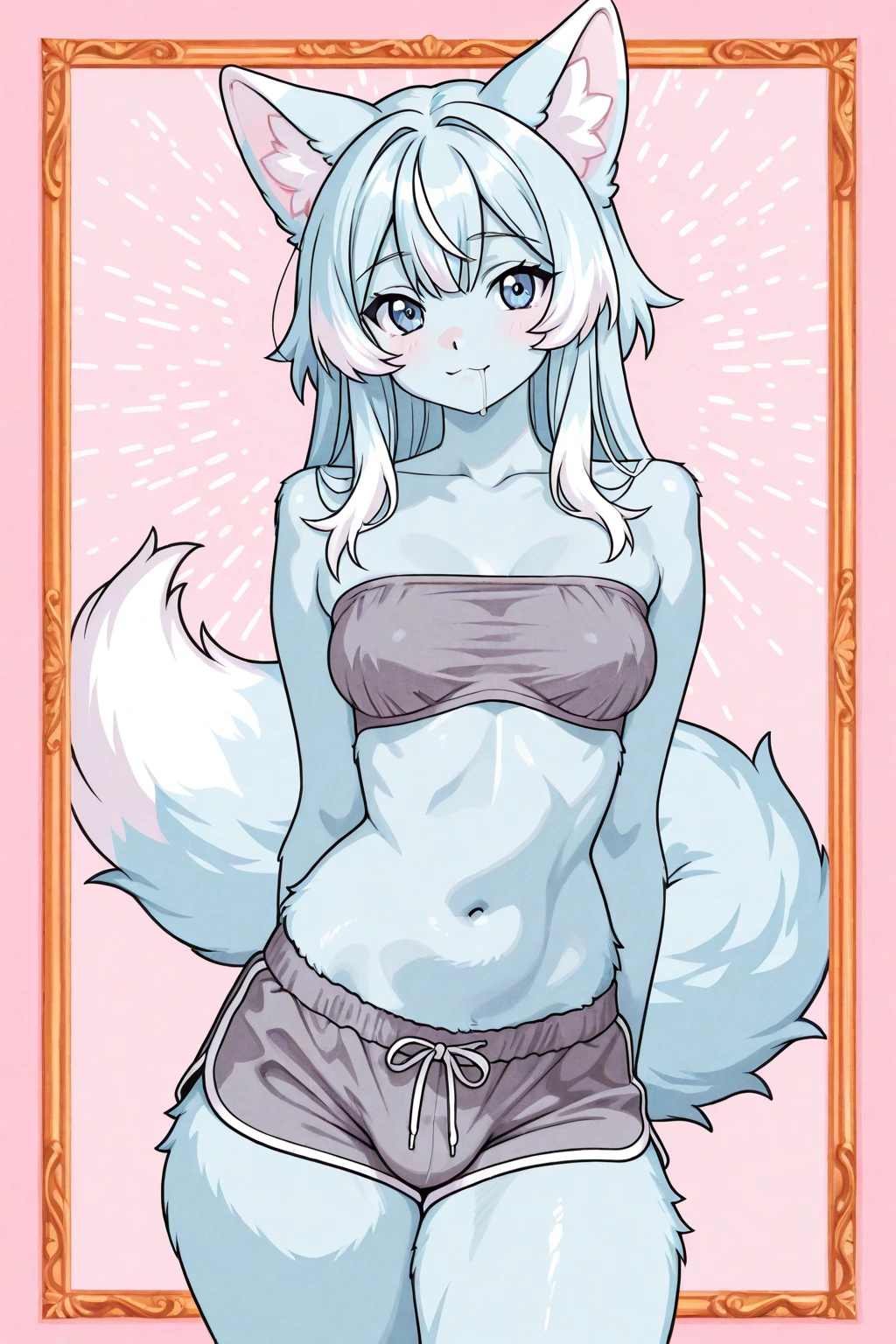 top quality, best quality, by dabaicai, High-quality illustrations, masterpiece)(kemono, furry anthro), round, female, arctic fox, blue glases, slim body, fur, fluffy, big breasts, wide hips, fluffy tail, blue bikini, white fox, punk long hair, mommy, random pose, random angles, sometimes show ass