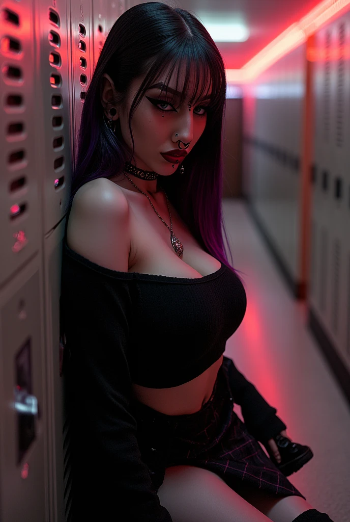 21yo girl, black yellow dreadlock hair, long updo Hair, bangs, stands in an elevator, wearing a black lace bra,, pleated skirt. She has long, dark purple hair and striking purple eyes. Plumpy, Her expression is neutral with a hint of shyness. The background shows a scenic view through the elevator's windows.