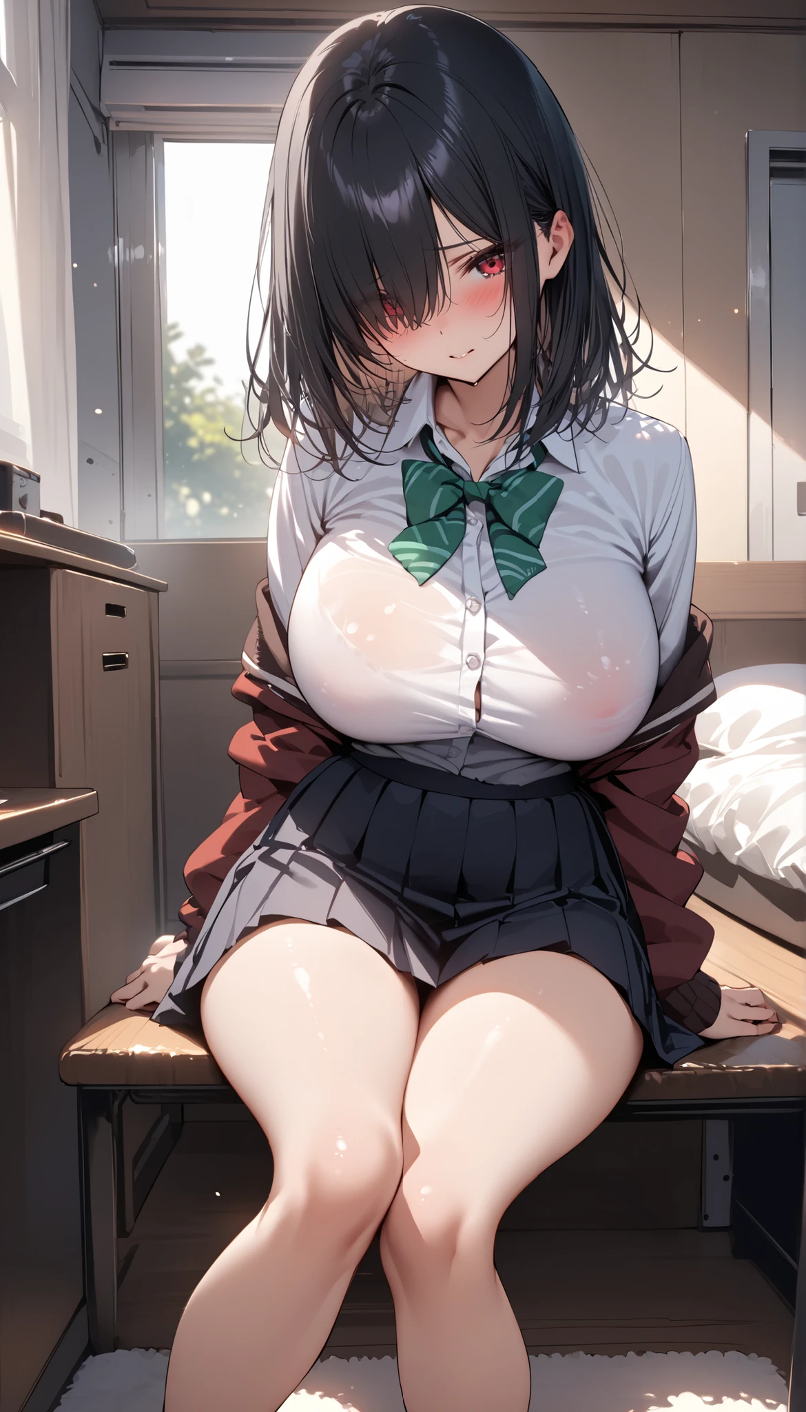 absurdres, Realistic, extremely detailed CG unified 8k wallpaper, Highly detailed, High-definition raw color photos, professional photograpy, Realistic portrait, Cinematic Light, (midnight sky from the window), big window, Beautiful detailed, ((Angle from below)), dark brown hair, ((asymmetrical bangs)), a mature female, A straight medium hair, bob cut ,blue eyes, (Beautiful breasts:1.5), (crying:1.0), closed mouth, ((diagonal bangs)), (Bukkake:1.3), (realistic skin:1.3), (Best Quality:1.4), Super Detail, High quality, master piece, lifelike, (After SEX), cum in pussy, pussy, Perfect face, Silly, (student uniform with skirt), (cum on chest:1.3), Sharp Focus ,Delicate Beautiful Hair and Eyes and Face, Delicate eyes, radiant eyes, Lifelike, Hyper-detailing, (colossal tits:1.6), ((exposed breast)), Beautiful cute woman, Exposed, white skin, wet skin, very wet, wet body, cum, closed mouth, (no panties:1.3), camel-toe details, Indoors, (Big breasts:1.6), (Cowboy Shot), (close up), NSFW, sexy legs, thighs, sexy thighs, (Sit with your knees bent), (sitting with legs apart), (supporting one's body with one's hands), ((open legs)), (bending leg), (In the sea), (clothes taken off), (Cowgirl), (cum shots), ((arms behind back)), arms are down, Dripping from the crotch, Overflowing from the crotch, ((Sexy legs)), thighs, (natural pussy), (nude lower body), (pov sex),