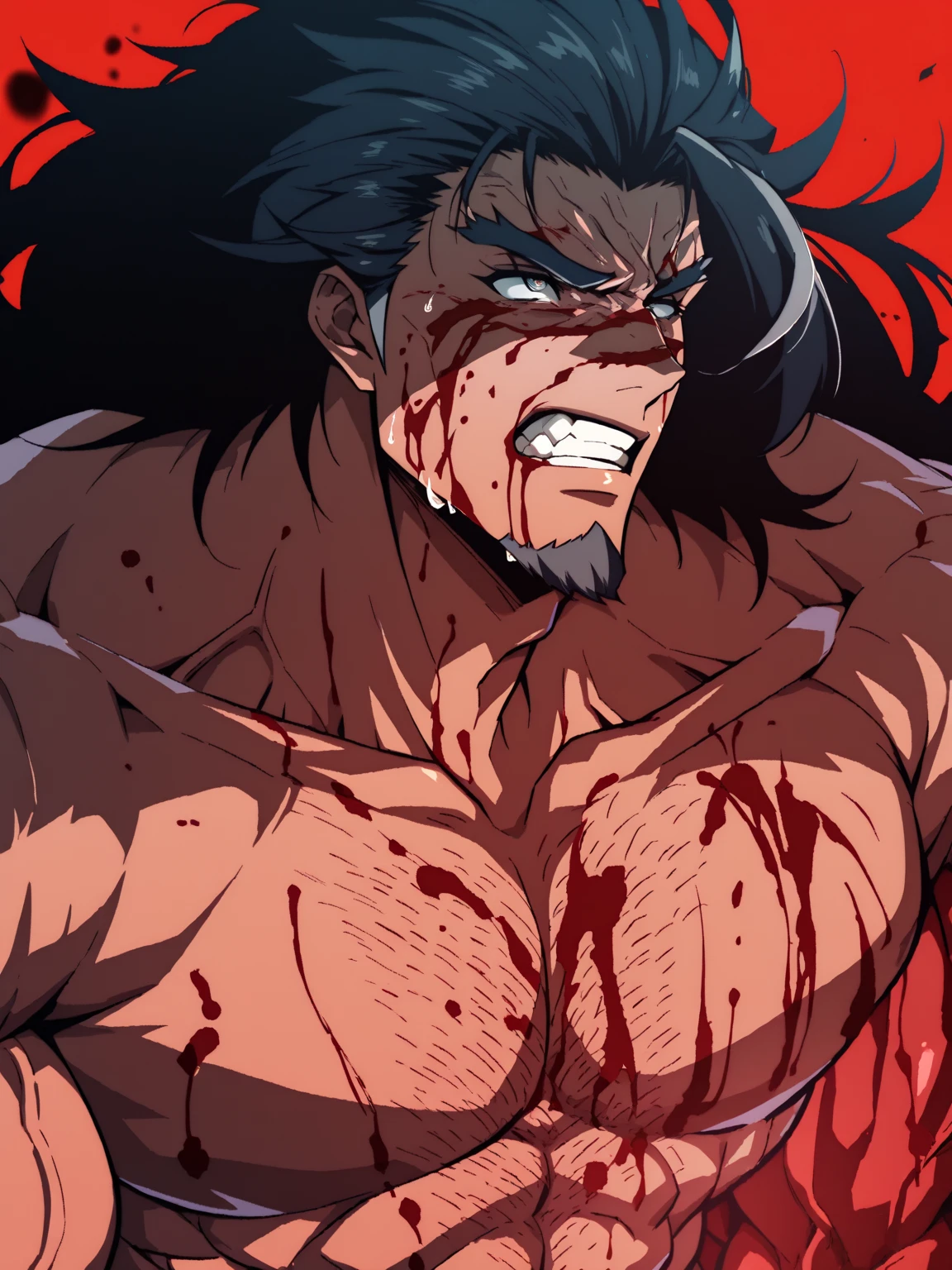 highres, High quality,(Beautiful), ((masterpiece)),vibrant colors, solo,1boy, male focus, manly, muscular, muscular male, red hair, solo, spiked hair, hand up, Blood face, angry, Clear red eyes, teeth, ((shirtless)), black pants, Perfect hands, Best quality