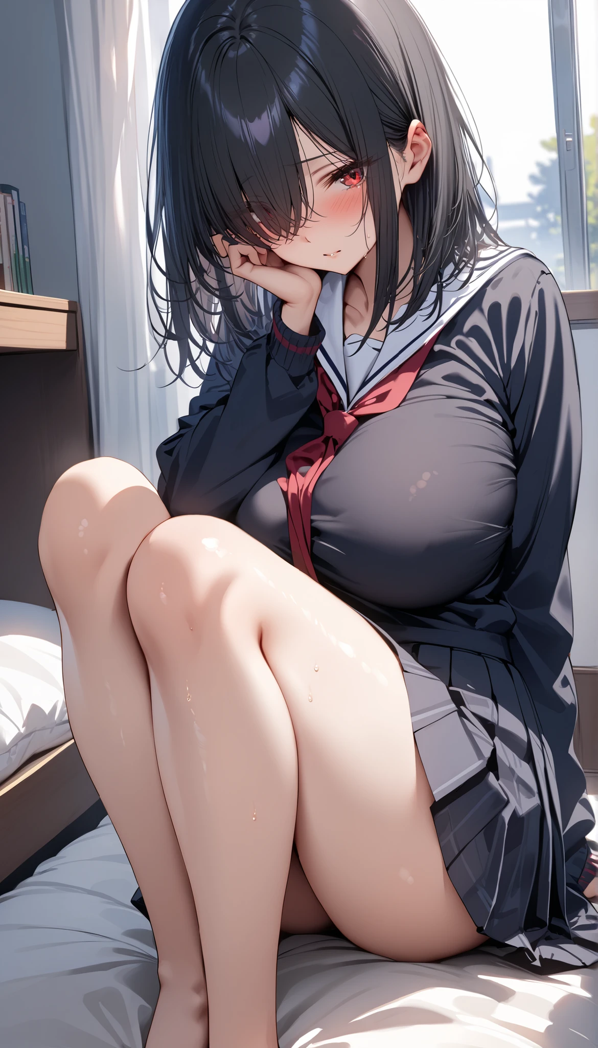 (software:1.5), (blush), (big and full breasts)、nipple, school uniform、droopy eyes, blue eyes、black ribbon、thick thighs, such an ass, Liar, bed, open crotch, spread your legs,detailed female genitalia、Love juice is dripping