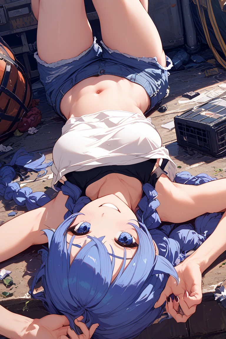 masterpiece, best quality, high quality, exquisite, beautiful, short hair, aqua hair, aqua eyes, tsurime, slant eyes, pale skin, shiny skin, huge breasts, glamorous, voluptuous, curvy, , (((navy leotard,))) (((white lab coat,))) glasses, teenager, (((black thighhighs,))) ((((torn clothes,)))) ((tearful,)) embarrassed, (((lying on back,))) ((blush,)) (((painful scene,))) ((((Scene of Defeat,)))) ((closed eyes,)) ((open mouth,))