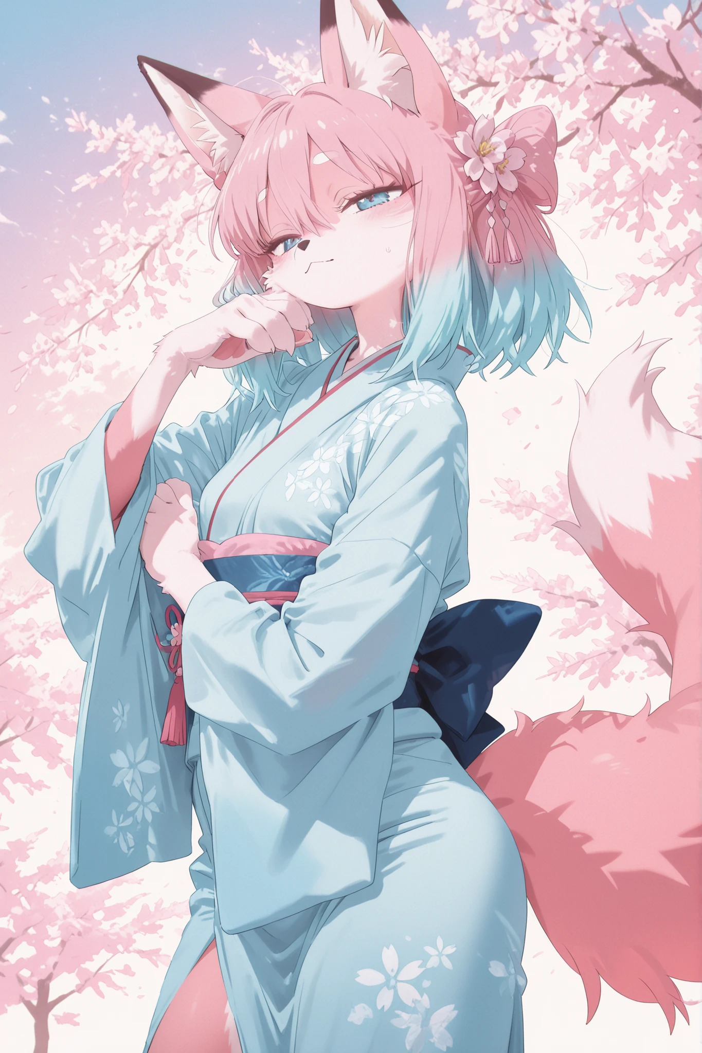 Kemono,Furry, female, fox, pink fur, kemono style, sky blue eyes, long silky hair, fluffy tail, elegant kimono, transparent fabric with sakura patterns, subtle shine, flowing sleeves, soft glowing background, gentle expression, standing pose, detailed paw pads, medium-length ears, flower ornament in hair, soft gradient fur patterns, slightly blushed cheeks, slim body, slightly thick thighs, vivid tail tip, pastel-themed background, calm mood, semi-profile angle, anime style illustration, high detail,
