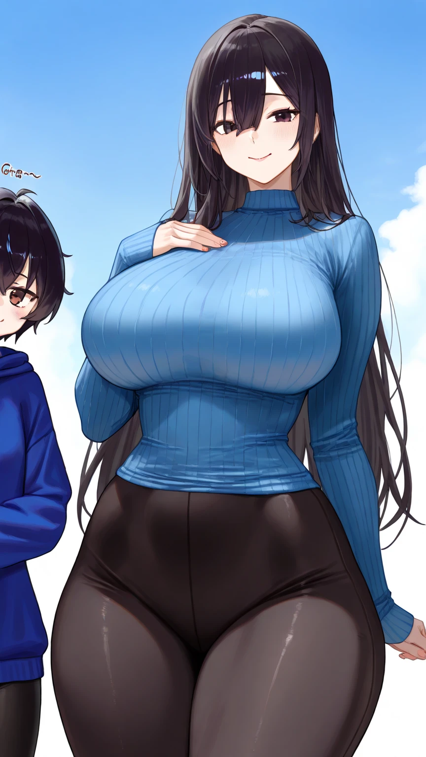 2heads, a short chubby woman with 2 heads. She has gigantic breasts. She is outside in a village in a sunny day. She looks happy. She is blushing. Her breasts are immense. She is wearing a sweater and jeans. She has long hair. Her nipples are visibly huge and erect, and can be seen poking through her sweater. She has gigantic breasts. She has huge pointy nipples.