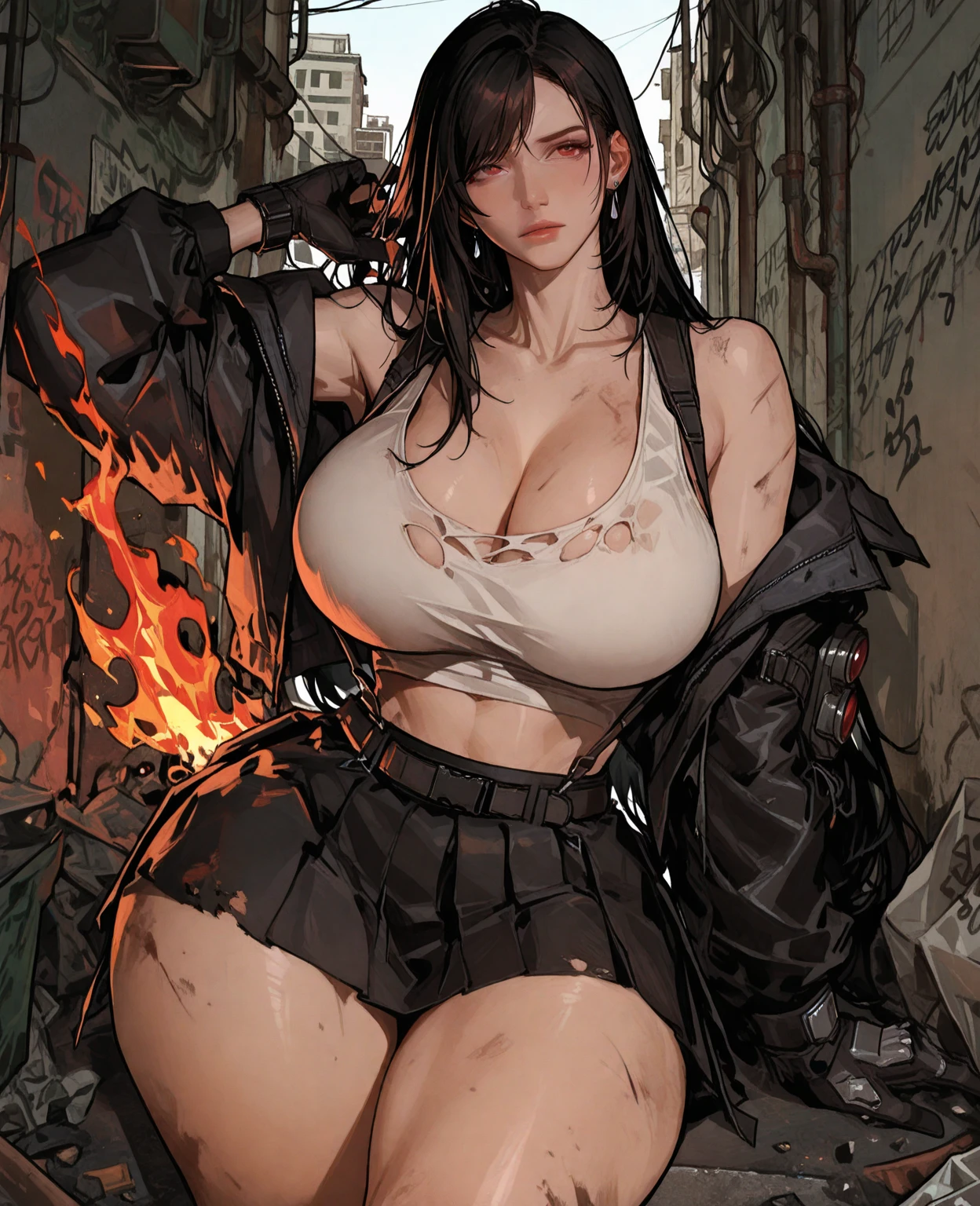  Silent hill city, fog, ((huge boobs)), ((huge hips)), darkness woman black hair, full zip coat black, long polo shirt, mini skirt, pantyhose, hood, gloves, fog, strong stance, boom, (nuclear explosive background), sweaty glow body, (((two hands closer:1.2)))