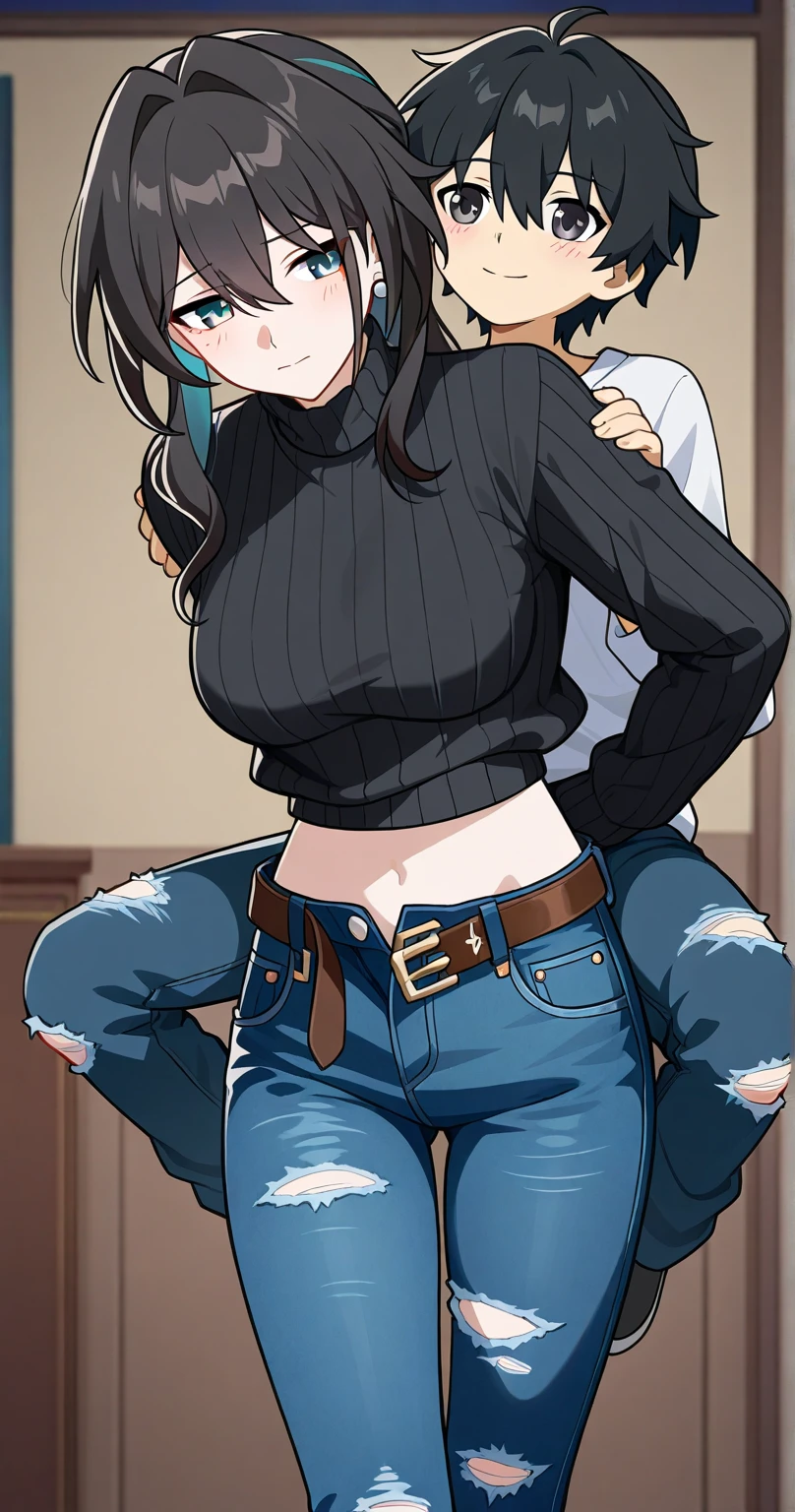 ((best quality)), ((masterpiece)), (detailed), perfect face, brown skin anime girl in a deep V backless cami top, (jeans trousers), famished in hunger, (gently resting hands on stomach), (long hair), (hands on her stomach)
