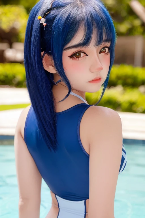 (Highest quality,128k, masterpiece:1.55, photorealistic, hyperrealistic), Ultra detailed face, Detailed lips, Detailed eyes, double eyelid,
BREAK(Shot with Canon EOS 5D Mark 4 and Canon EF Lens 85mm F1.8L lens, F value 2.8, ISO 50, shutter speed 64),
BREAK beautiful and fine eyes, perfection , perfection, roll your eyes, detailed face, fine eyes, excellent quality, masterpiece, very detailed, Advanced level of detail, many details, high quality, cinematic light, real hands, (super realistic:1.3), perfect eyes, detailed skin, skin blemish,
BREAK (close-up of face:1.5), (beautiful japanese girl), ((real shiny skin texture)), ((drenched skin)), ((glowing skin)), (gravure)
BREAK smile, seductive smile, high school student , (153cm tall), (chubby : 1.3), cleavage, disproportionate breasts,
BREAK (((prone))), ((cheek rest)), head tilt,
BREAK yuuka, blue eyes, halo, (purple hair:1.5), two side up, long hair,
BREAK white micro bikini,
BREAK Virtual Reality District, (((in the swimming pool)))、
