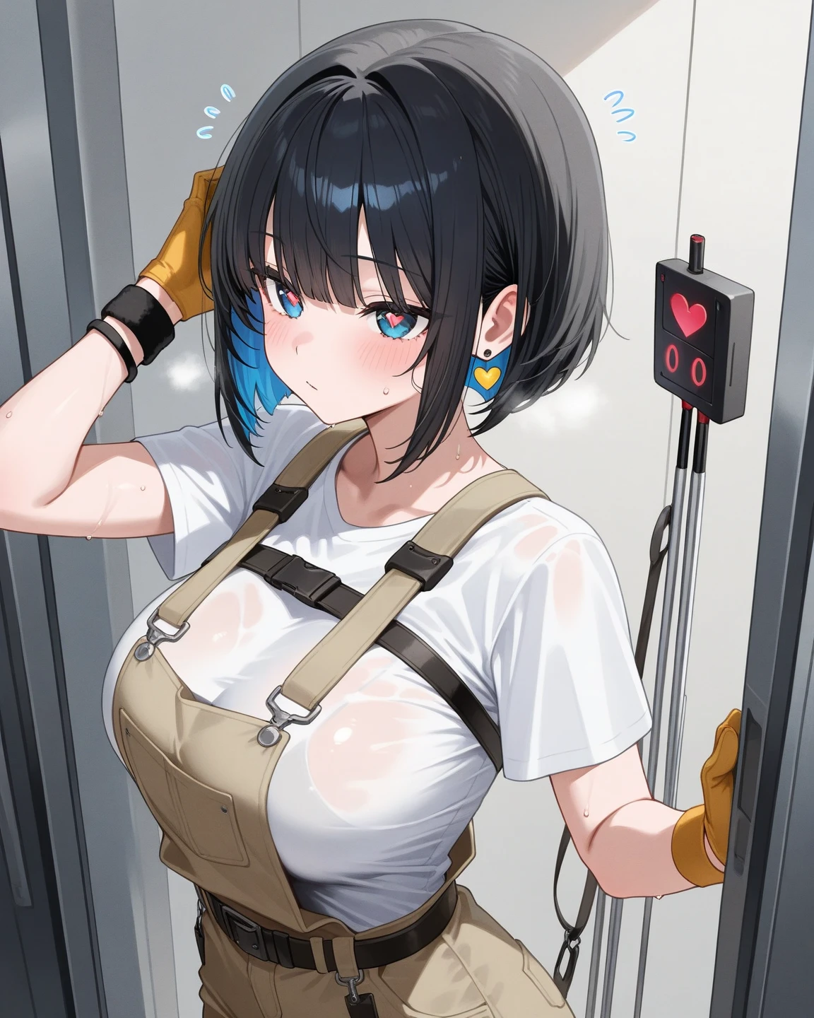 ((topless)), nsfw, masterpiece, 1 girl, erect nipples, intricately detailed, navel, bare shoulders, black hair, hard hat, construction site, towel on neck, wiping sweat, baggy pants, cargo pants, extremely detailed, bare breasts, puffy nipples, blueeyes, bare stomach, sweaty, medium breasts, arm strap, cowboy shot, holding sledgehammer, mature, chain, soft eyes, smiling, sunlight, day, belt