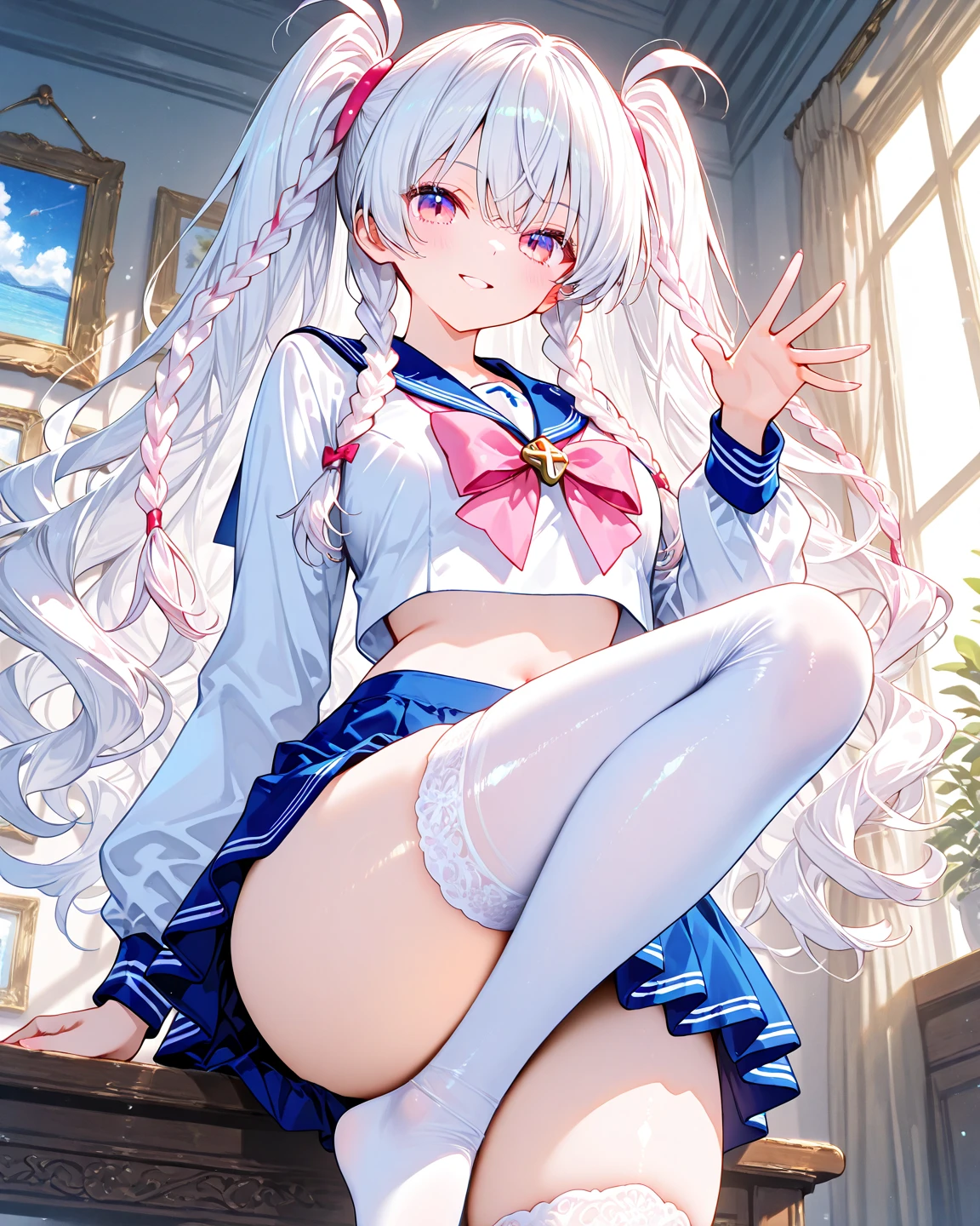 (((1girl))), ((best quality)), ((masterpiece)), ((ultra-detailed)), (illustration), (detailed light), (an extremely delicate and beautiful), (beautiful detailed eyes), (sunlight), ((extremely light)), ((extremely clothes)), (((hyper detail)))
(((sailor uniform and a brief pleated skirt))),
,
high_twin_pig_tails, ((((white_silver_hair)))),
(((yellow_gold_eyes))),
(((whole body))), aged 13 to 16,
(((condescending expression))), ((mischievous smile with sexual satisfaction)), (((extra adorable))), (((extra slender shape))),
(((extremely beautiful detailed face))),
(((squatting on the bed with her legs erotically open wide and her upper body leaned backward with her hips thrusted forward))), ((erotic eyes with sexual satisfaction)),
((exposed pale purple silk panties)), (),
(((((Dutch angle))))), (((((from below))))),
(((extremely thin thighs))),