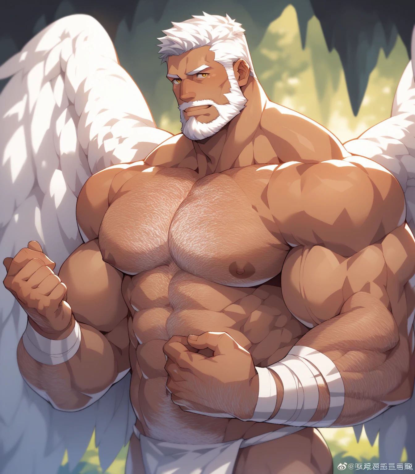 Describe in detail the figure of a man, Archangel with angelic features turned completely to the left. torso denudo, big muscles, nice flaccid penis, Like white hair, Long and straight, The white angelic wings on her back, as well as its extremely striking beauty, charm, The elegance and angelic feeling that emanates from it.. Imagine it on a stage with a white background., bathed in a radiant light, and explore how these elements combine to create a captivating environment., heavenly image.. (man)