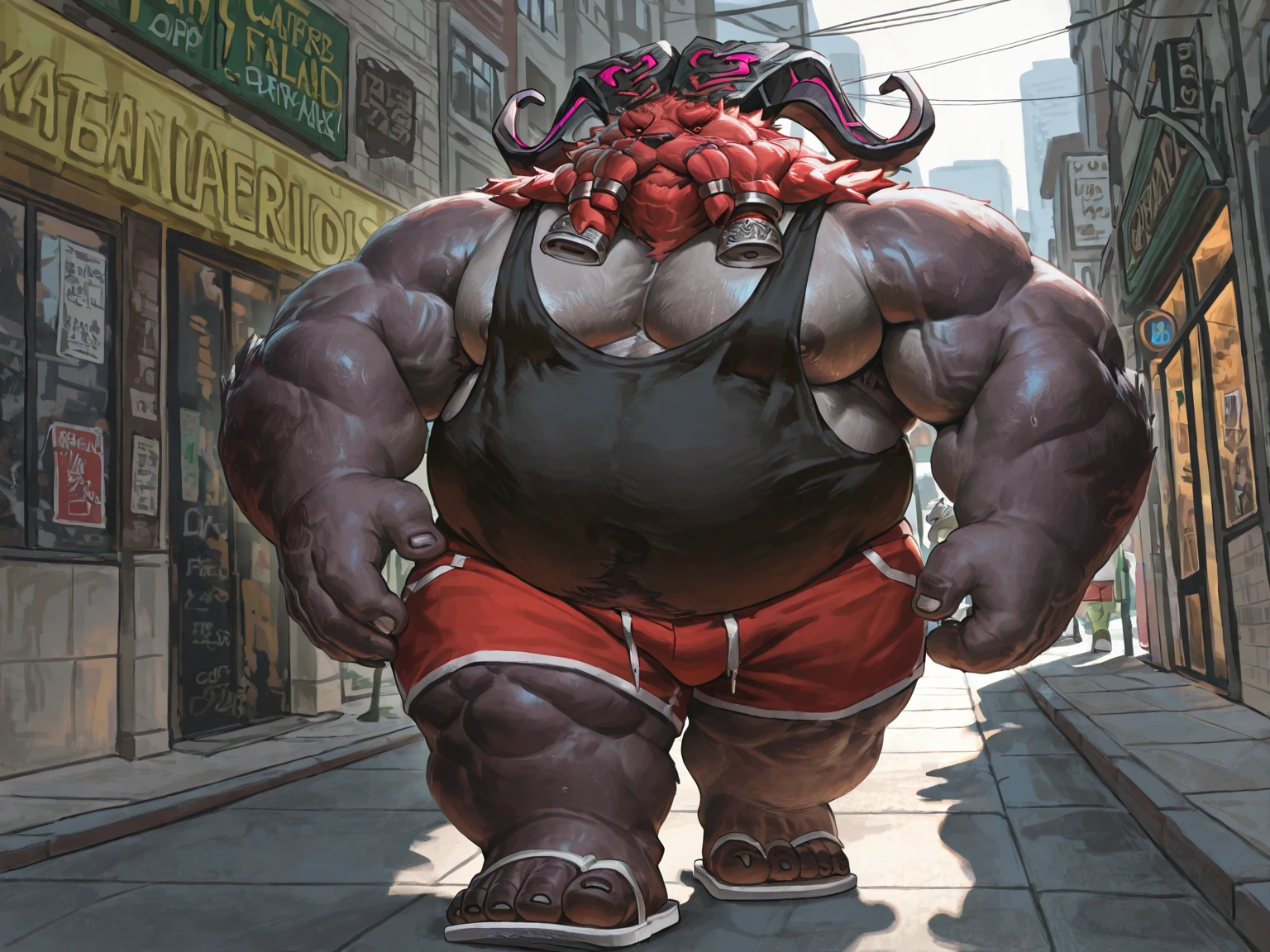 ((Masterpiece)),((Hight quality)),((Hught Detailed)),((Realistic,)) Anime Artistic masterpiece art, Obese muscle pig (massive obese, strong legs and arms, hairy, incredibly big looking) Long shot photo, Real life, pig (Massive, broad shoulders, strong legs and arms, hairy) Obese muscle citizen (massive obese, strong legs and arms, hairy, incredibly big looking), Anatomy of character, Obese sumo wrestler Pig in underwear, He is a very Obese and very muscular Sumo wrestler, Extreme Bloated and he is a juice seller on the streets, He is a seller of protein shakes to make their bodies grow and become very big, strong and fat just like him.