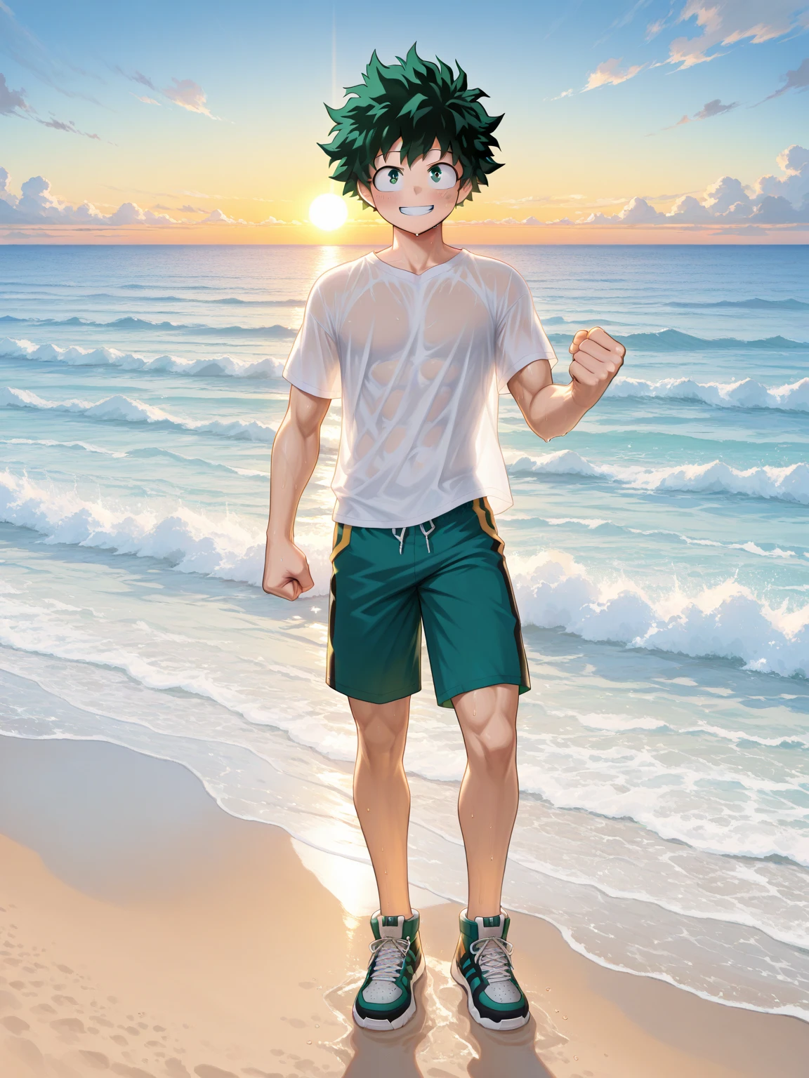 (masterpiece, Best Quality:1.2), cowboy shot, Alone, male focus, 1 chico, Izuku Midoriya, smile, looking at the viewer, short green hair, green eyes, bulge, green bikini, freckles, girly, effeminated boy,