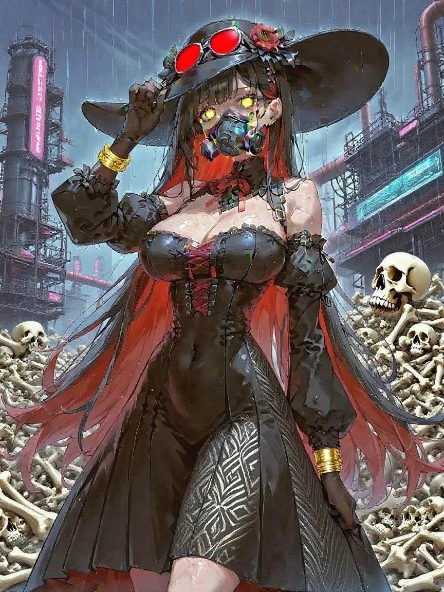 ((masterpiece)), (best quality), (detailed), (1 girl), <lora:jack:1>,jack-o' valentine,red hair,white bodysuit,gloves,halo,cross,belt,chain,ball & chain restraint,ankh,mask,shackles,cleavage,necklace,buckle,jewelry,chained,wide sleeves