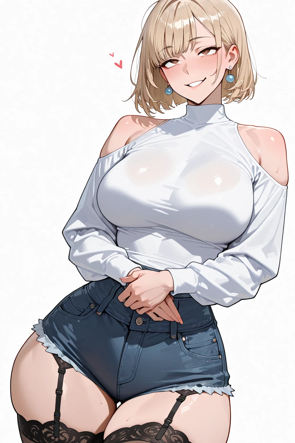 fully body, Hani, blonde, shorth hair, slickedback hair, wearing white leggings, smirk on face, transparent blouse, pose sexy, standing backwards