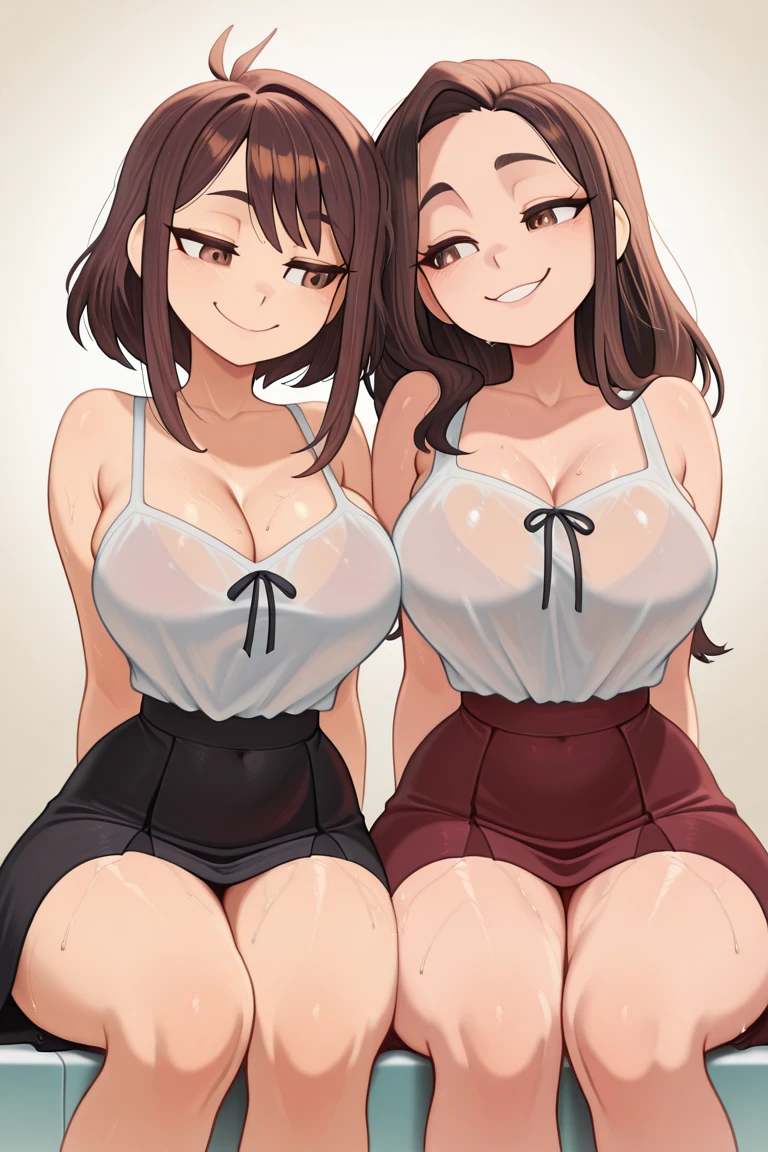 2 heads, a short skinny woman with 2 heads. In a park on a sunny day. Wearing a short sundress. Gorgeous face. Cute. Happy. Smiling. Young. Flirty. Goth. Long straight red hair. Touching breasts. Seductive. Thick thighs. Slutty. Girlfriend. 2 heads. Conjoined. Aroused. Horny.