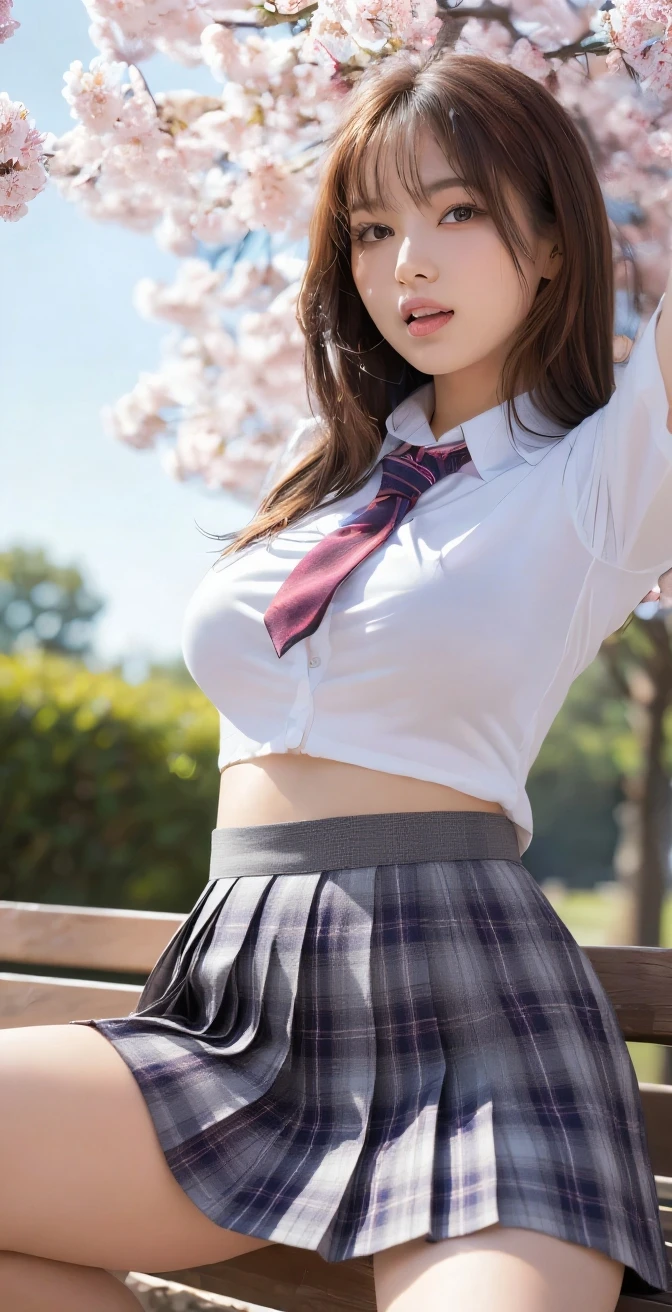 (NSFW:1.3), ((masterpiece)), ((highest quality)), (Super get used to it), ((cute)), cute, ((sexy)), (get used to it), ((very get used to it)), 4k, (8K), highest quality, (beautiful), hyper cute face, shape, hyper genuineistic, genuine, ((from below)), ((whole body)), close, thick outline, clear outline, A park with cherry blossoms in full bloom, bench, (1 girl, cute girl:1.5), (I can see my underwear, uniform:1.5), beautiful light brown hair, beautiful brown eyes, ((beautiful eyes)), (put your hands on your head:1.53), short hair, (((big breasts))),sexyな表情