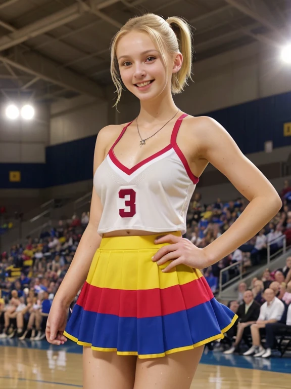 1 girl, naked beautiful 18 year old blonde russian woman cheerleader wearing short colorful cheerleader skirt at a basketball game, smiling, (bright volumetric lighting)+ spotlight+, (large naked+ breasts)+, voluptuous body, smooth shiny wet sweaty skin, short hair ponytail ribbons, necklace bracelets, award winning photograph+, ultra detailed, ultra realistic, masterpiece, 8k