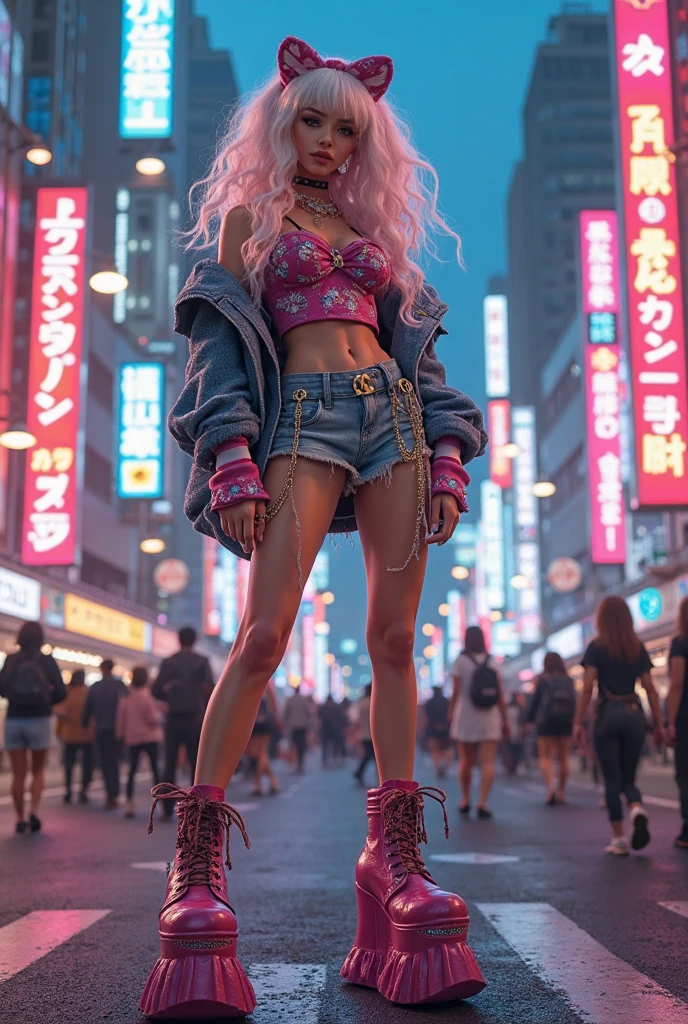 Cinnannoe, hyper realistic, Angle of view of the sky, ultra detalhado tiro de corpo inteiro da mulher em Night City, Ultra perfeitamente detalhado carro rosa Nissan Silvia s14, ao redor da estrada Sakura Trees, Tema Cyberpunk, capuz branco, Camiseta, black skirt, colar, High Future Vibrations, head-to-toe image, profundidade de campo, rosto lindo hiper detalhado, postura corporal natural, trending on ArtStation, 64 mil, Ultra Detalhado, ultra preciso detalhado, surrealismo, Motor Ultra Unreal, epics, sardas, stomach, perna, feets