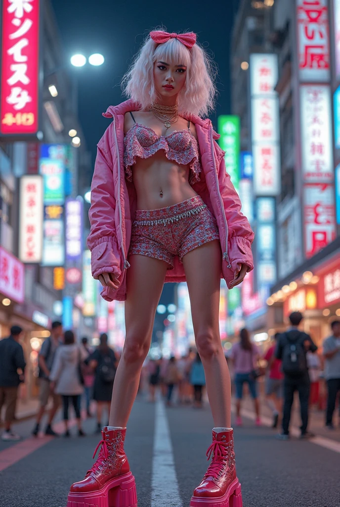 dark skin girl, blue eyes, blond hair, night time, (totally realistic), (very hot), (cleavage), (breasts), (very wide hips), (so sweet), temptation), (very round ass), ((no belly)), ((flat belly)), ((ultra thin waist)), (white pleated skirt), wide shot, (pink floral bra 1.1), (tone abs:1.0), (shoulders back:1.1), (looking at me:1.5) (Masterpiece, Professional lighting, 16k, 8k wallpaper, raw photo, photorealistic:1.8, ultra detailed, natural lighting, detailed skin sexy pose, open mouth, big lips, view from above, night time, eyes closed, pink light, steam, pink foam "good girl", neon light, thick thighs,
