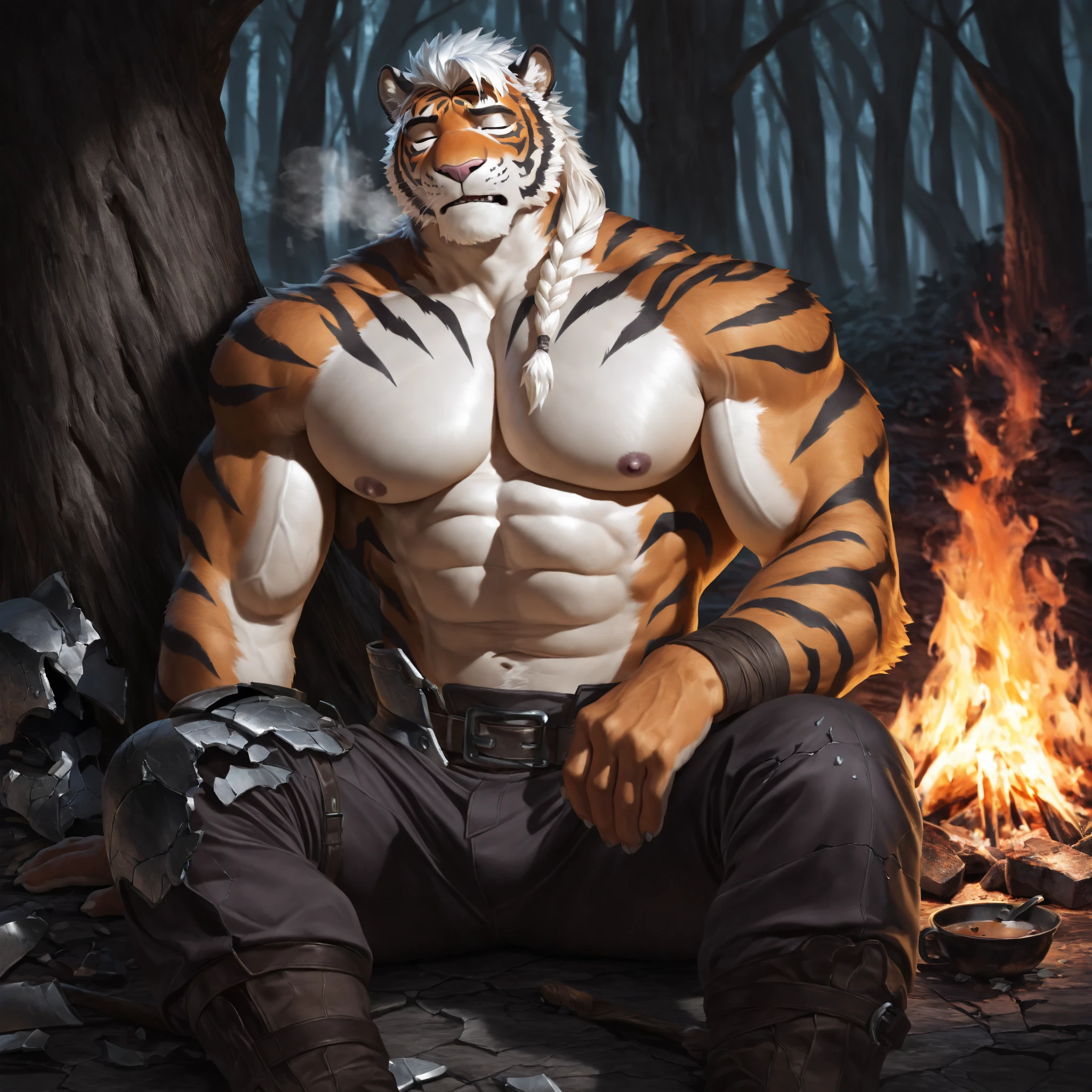 Best quality, masterpiec,ultra high res, furry, real shadow and light, 4K, Cool Pose, ((Furry Tiger)), ripped body, bare chest, anthropomorphic, extra detailed body, detailed body, Best quality, masterpiece, ultra high res,detailed background,realistic, real shadow and light,depth of field, ((view from beside)), ((close up)), ((NSFW)), ((huge Cum)), ((Full naked)), ((Cave)), ((Fire pit)), ((Naked)), huge penis