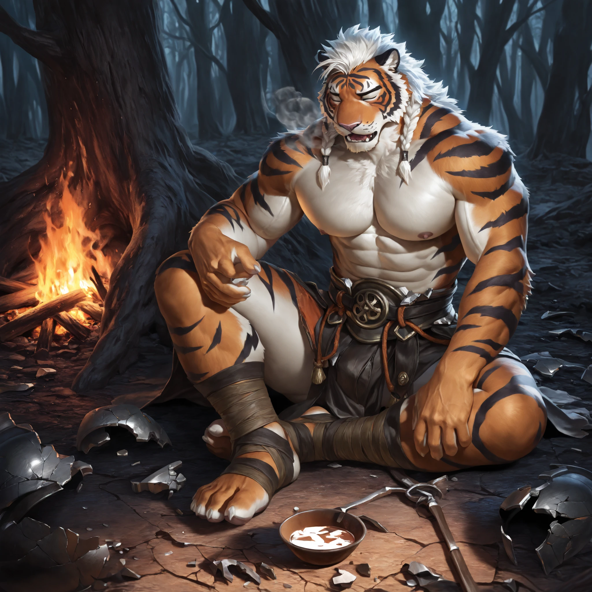 Sagittarius Tiger, the 12 zodiac signs, topless, furry, delicate, muscular, majestic (Golden eyes sparkle)The background is an endless magical forest, Wild and domineering , Huge muscles, The tiger with ripped abdominal muscles is eating mushrooms in the magic forest