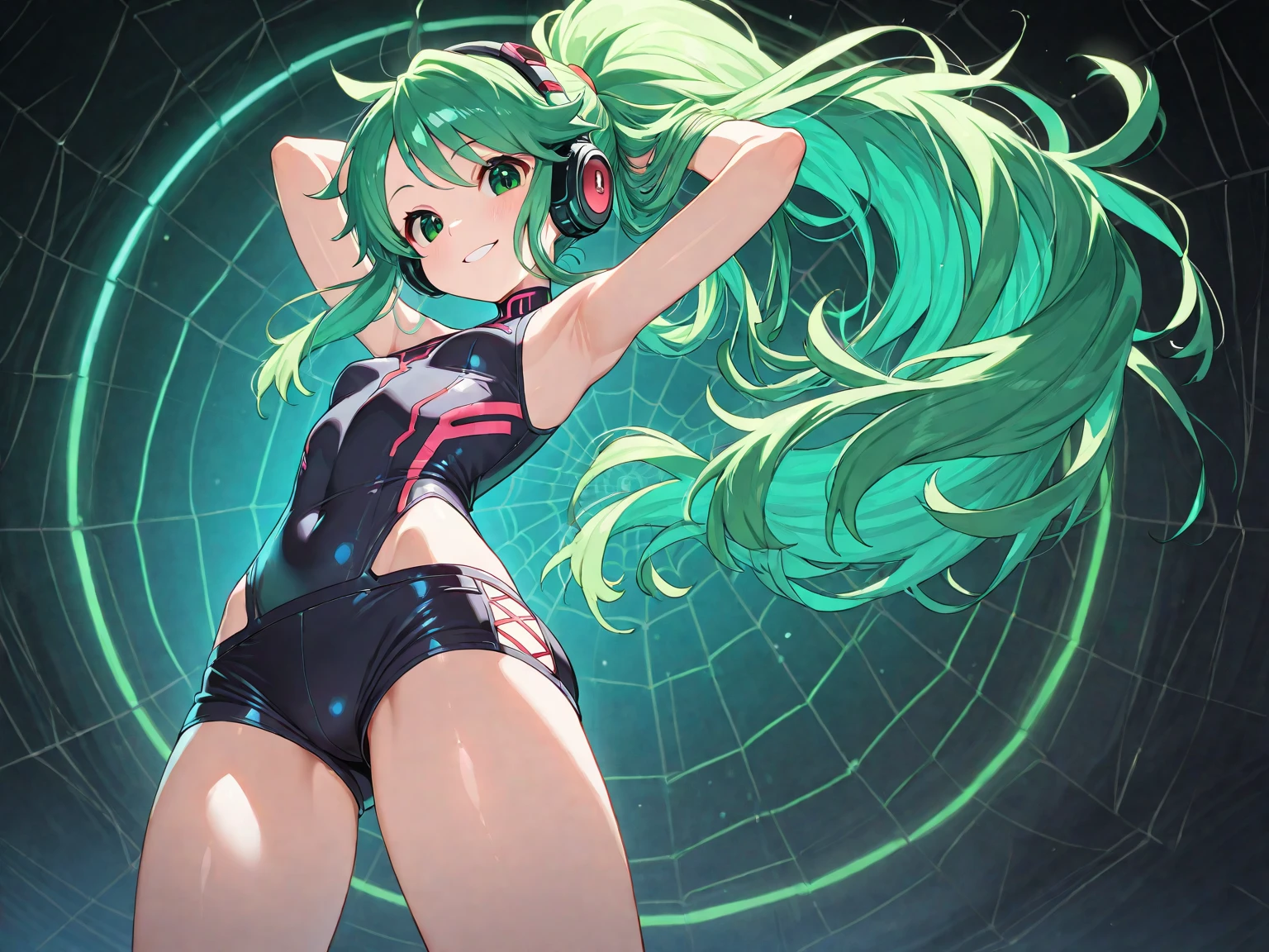 anime girl,club, 2 piece neon blue bikini, headphones,night beach party,dancing,smiling,(best quality:1.2),(ultra-detailed:1.2),(realistic:1.37),HDR,vivid colors,portraits,headphone girl,energetic pose,colorful lights,stage set,joyful expression ,anime style, atmosphere,techno music,electronic dance music,festival vibes,hip hop beats,festival outfit,expressive eyes,long hairstyle with vibrant green and red color hair, gold eyes, elaborate makeup neon lights,beaming smile,positive vibes,high-energy performance,stylized backgrounds,colorful visuals,excitement in the air, mid body portrait, back turned