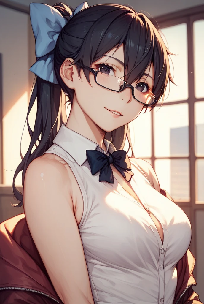 (high quality, High resolution, fine details), Pavement, View from the side, Alone, Girl, Shiny black hair, School uniform, sparkling eyes, (Large round frame glasses), (detailed eyes), medium breasts, tits, neckline, ((gentle smile)), blush, sweat, oily skin, (focus face), shallow depth of field
