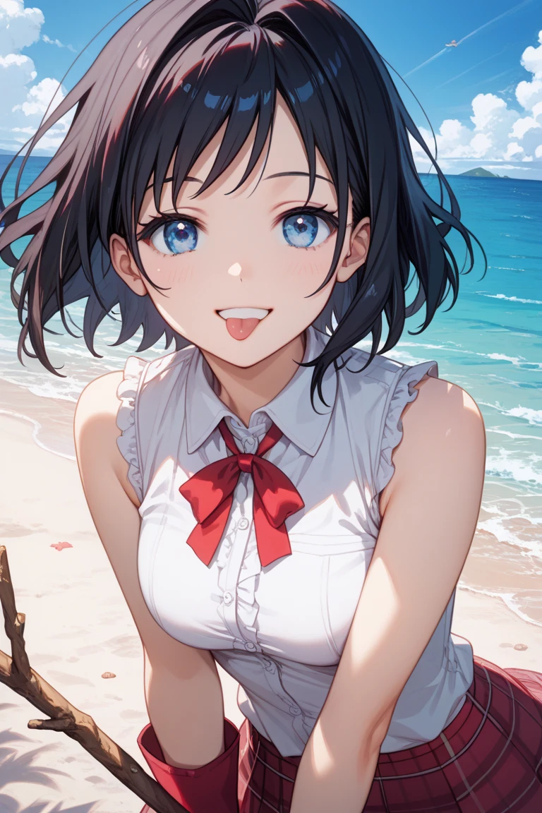 masterpiece, best quality, high quality, detailed, ultra detailed, hyper detailed, insanely detailed, exquisite, beautiful, beach, , happy, smiling, wink, standing, looking at viewer, big eyes, red bikini, piercing, on the beach, in the afternoon, cute, beautiful, cel anime, 2d anime, anime, half body photo, closeup shot, front view, golden ratio, Provocative pose, Perfect Hand Style, kurosawa dia, blunt bangs,
