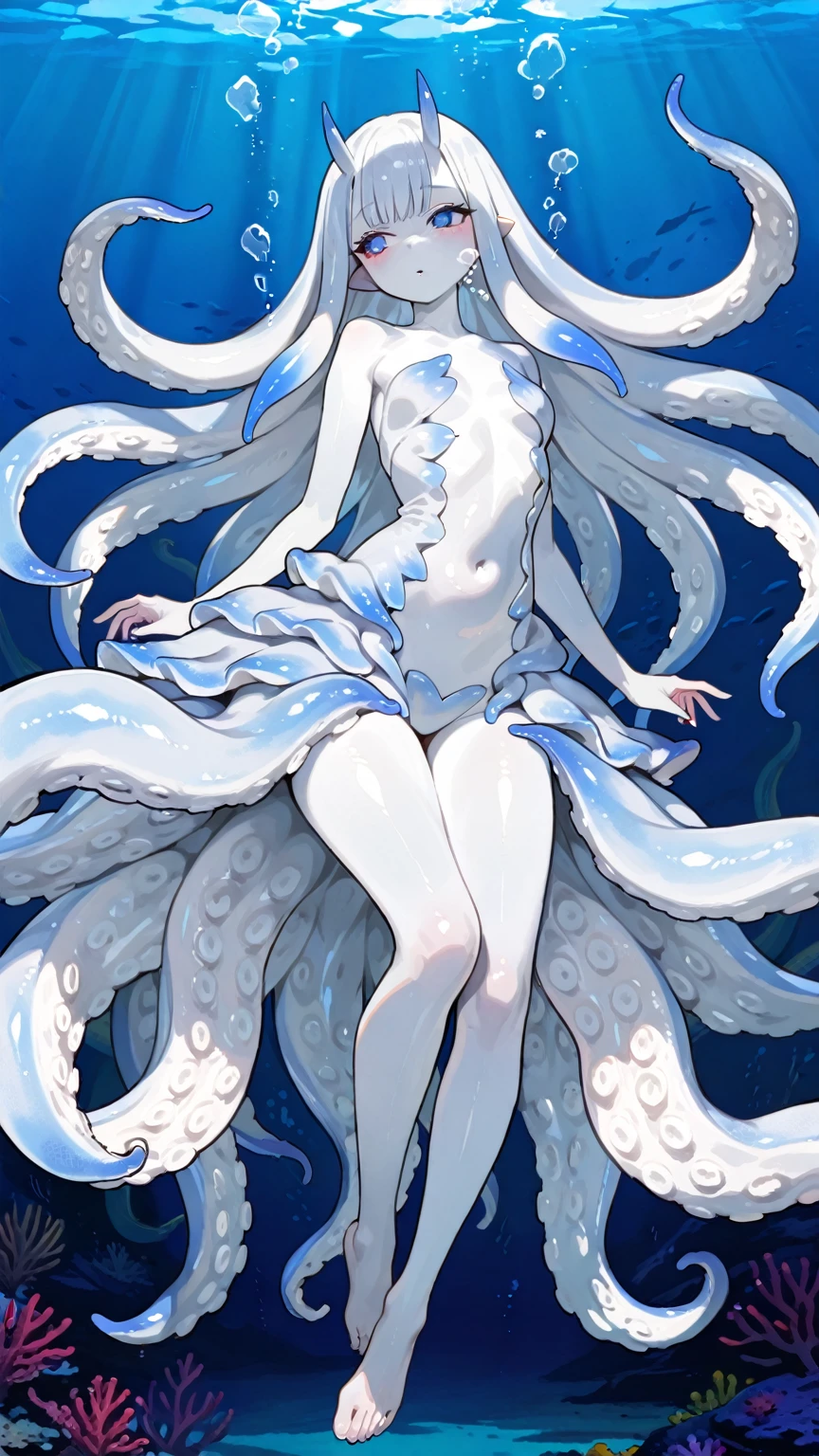 scyllacpt, squid, solo, 1girl, pensive, crossed arms, glittering light, Tuberose \(flower\), floral background 