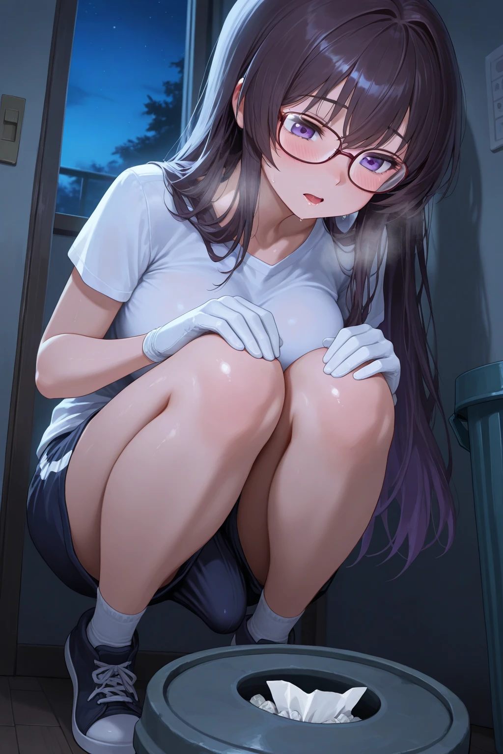(high quality,Very detailed:1.37, High resolution), Woman, (mature:2.0), (Sakaki Yumiko:1.5), (very long hair:1.5), (straight hair:1.5) (dark purple hair:2.5), purple eyes, huge breasts, tuxedo, necktie, (pants:1.5), (wetting herself:2.0), standing, embarrassed, humiliation, (sanpaku eyes:1.5), (constricted pupils:1.5), (tiny pupils:1.5), (sweating:1.5), shaking, (trembling:1.5), (blushing:1.5), Meticulous details, (extremely detailed eyes:1.37), space station, interior, science fiction, futuristic