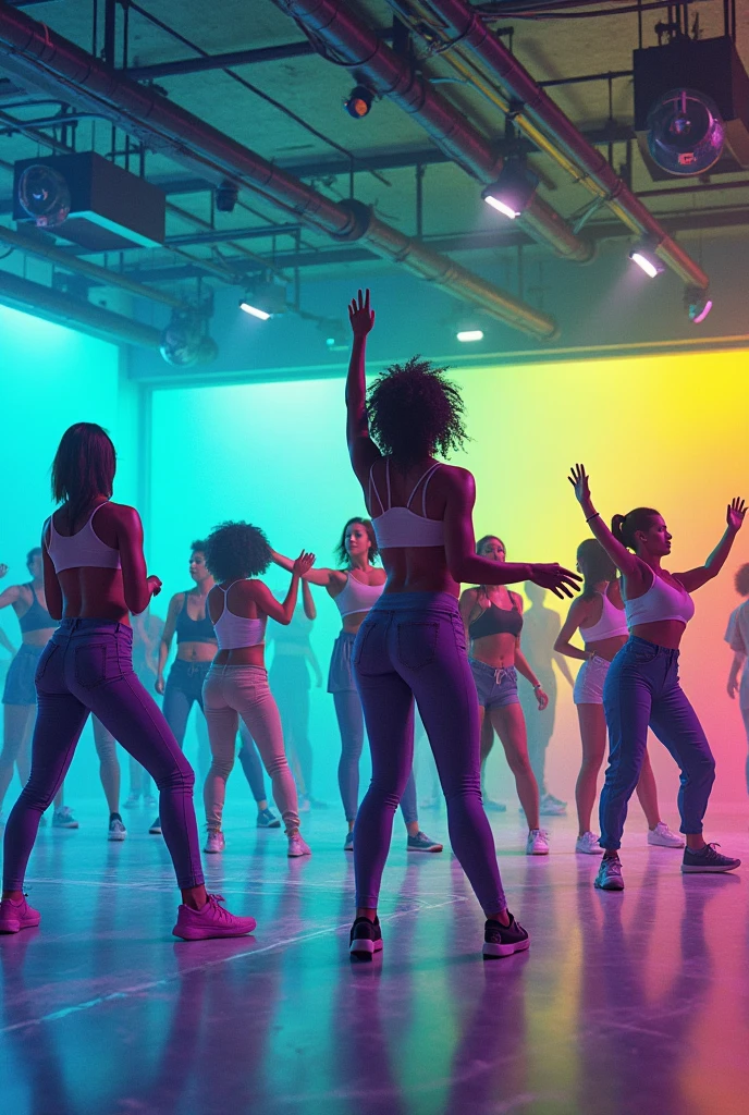 A lively and energetic video capturing a group of diverse individuals showcasing their dance moves in a vibrant and colorful set