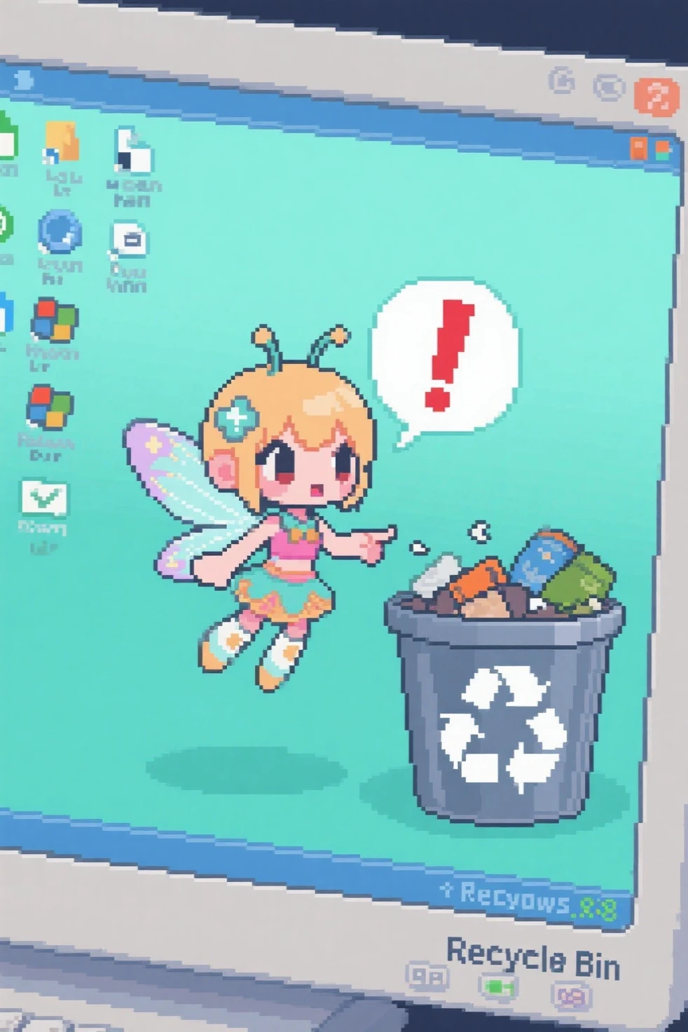 A digital illustration fully contained within a Windows XP-style desktop screen. The background is a classic pale teal wallpaper, with pixelated desktop icons, including a prominently full "Recycle Bin" icon in the bottom-right corner. A tiny fairy-like chibi character with sparkling wings, a playful outfit, and expressive features is integrated into the screen interface — as if she lives inside the desktop. She floats near the overflowing Recycle Bin icon and points at it with urgency. A red exclamation mark appears inside a pixel-art style speech bubble near her head. The visual style is clean pixel-art or retro 90s GUI aesthetic, evoking the nostalgic feel of Windows 98. All elements, including the character and UI, are displayed as part of the desktop environment.