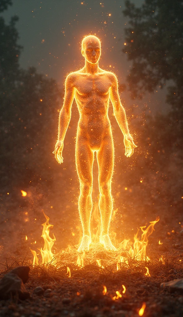 A person made of fireflies, surrounded by fireflies.