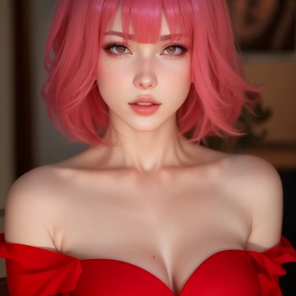 Sakura Uchiha woman with light pink hair, head on display, flashy look, greeneyes, dark red blouse, human, Bela, big breasts, sakura haruno. Delicate and realistic face. lowrise, Caucasian skin. Super realistic 3d