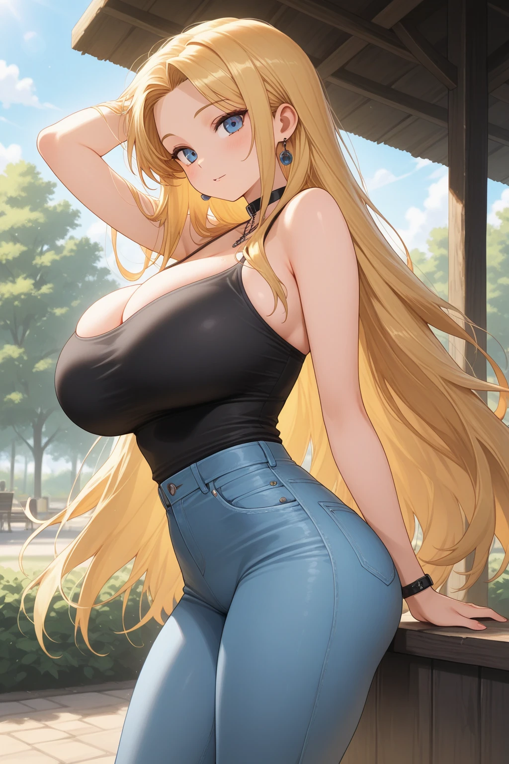 Girl, blond and long and straight hair. Highly detailed, 8k wallpaper, blue eyes, big breasts, huge breasts, smile, thight white t-shirt, thight jeans panties, breasts visible, hot and sexy pose, standing in a streat in a hightech city, skycraper on the background, big ass