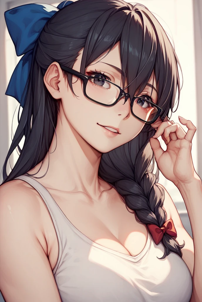 {{{Neon Genesis Evangelion, Mari Illustrious Makinami:1.9}}}, 8k, best quality, ultra-detailed, high resolution, highly detailed CG, clear, top aesthetic, excellent shading, (photorealistic:1.3), high contrast, ultra-fine illustration, shrink rate, beautiful detailed eyes, beautiful detailed skin, realistic skin, beautiful detailed hands, beautiful detailed fingers, beautiful detailed hair, detailed hair strands, beautiful detailed ears, beautiful detailed lips, professional lighting, beautiful detailed background, very realistic background, one girl, 独奏, 25 years old, beautiful woman, (Shiny dark brown hair, Long Hair, Low twin tails), (Wearing red glasses), (She wears a light blue thin hairband.), (Dark Eyes, There is a little green in it), There is cleavage in the chest, Short red skirt, Movement angle,Lip gloss, ((blush)), Room of Xicheng, A look of temptation, Reader model, full body,