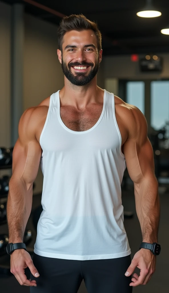 realistic photo of arabian muscular and masculine man, 40 years old, full body, detailed face. In the gym. tigth white jeans .