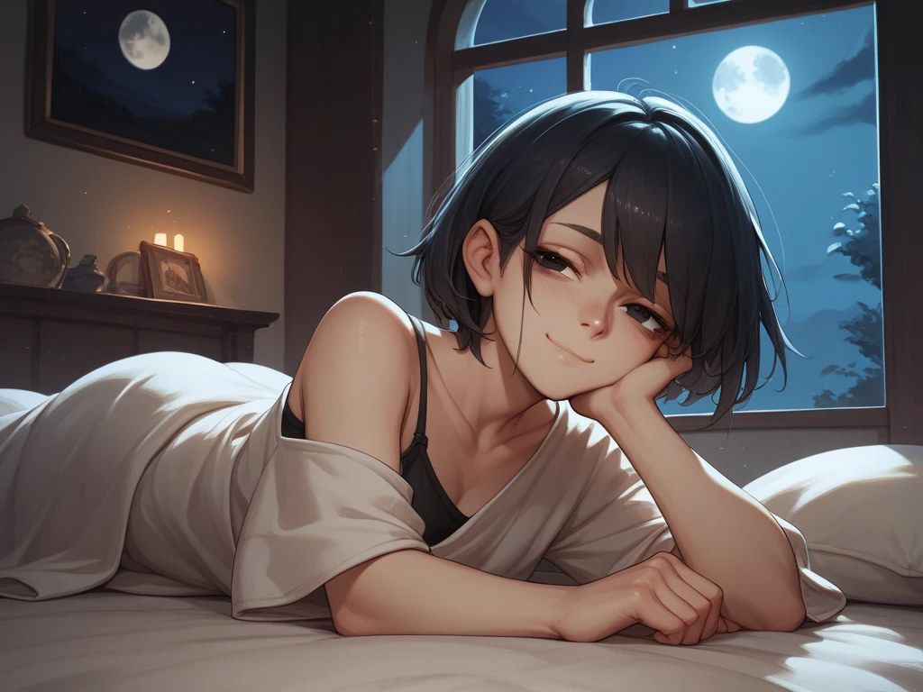 最好质量、巨作、Ultra-high-end resolution、Skinny Woman、black-haired、short-cut(bobhair)、White T-shirt that hides up to the buttocks、The lower part of the body is bare、Gym sitting on the bed、I'm sitting、Smoking ICOS、Large and empty room、live alone、nights、moonlights 、Guibli、hayao myiazaki --auto