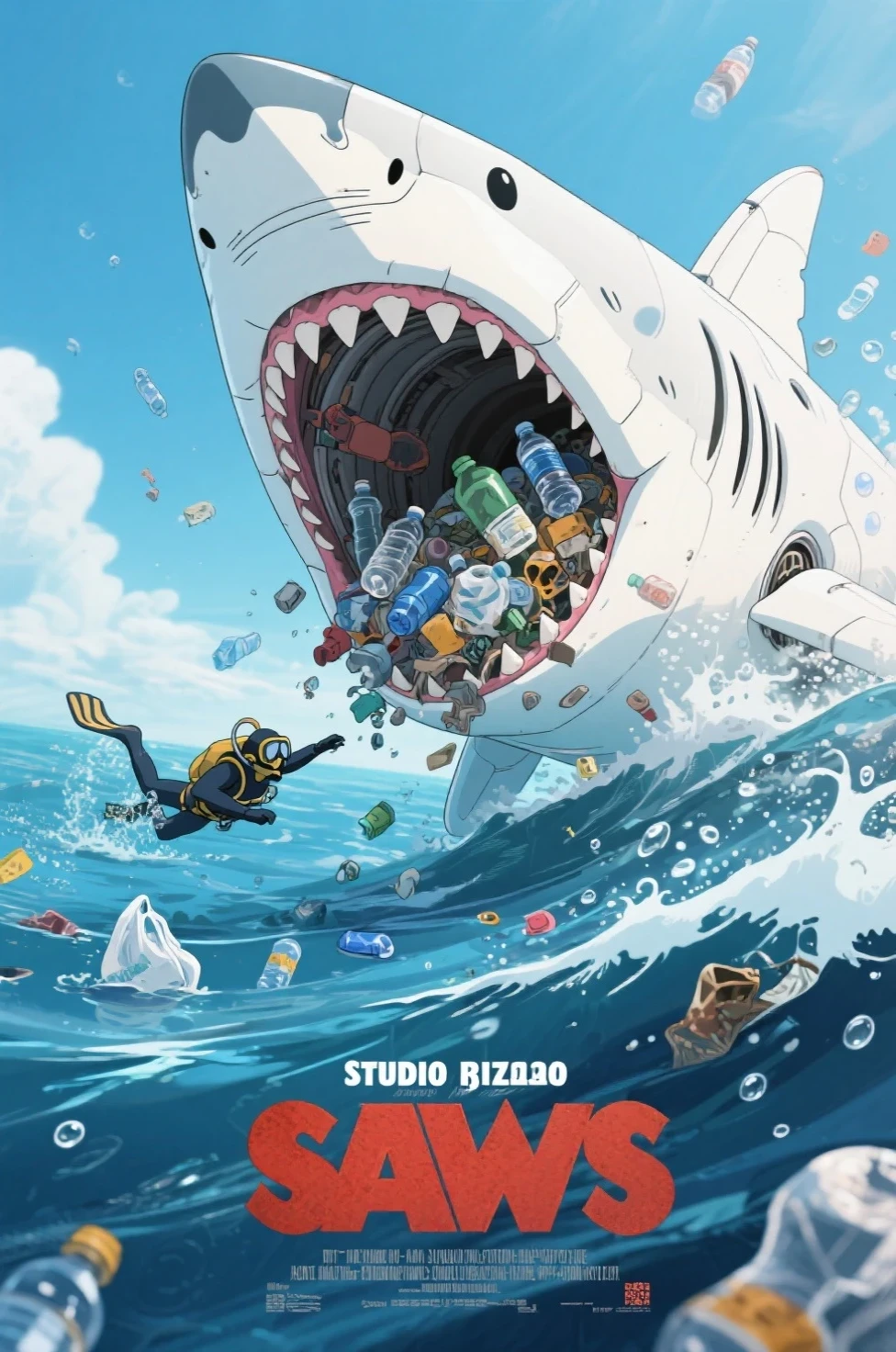 JAWS movie poster style,A large white mechanical shark has opened its big mouth to collect marine debris、One diver swimming together、On the sea where PET bottles and plastic bags float、wave droplets、day,dynamic pose,dynamic angle、Studio Ghibli、SF,Near Future、pop,cute